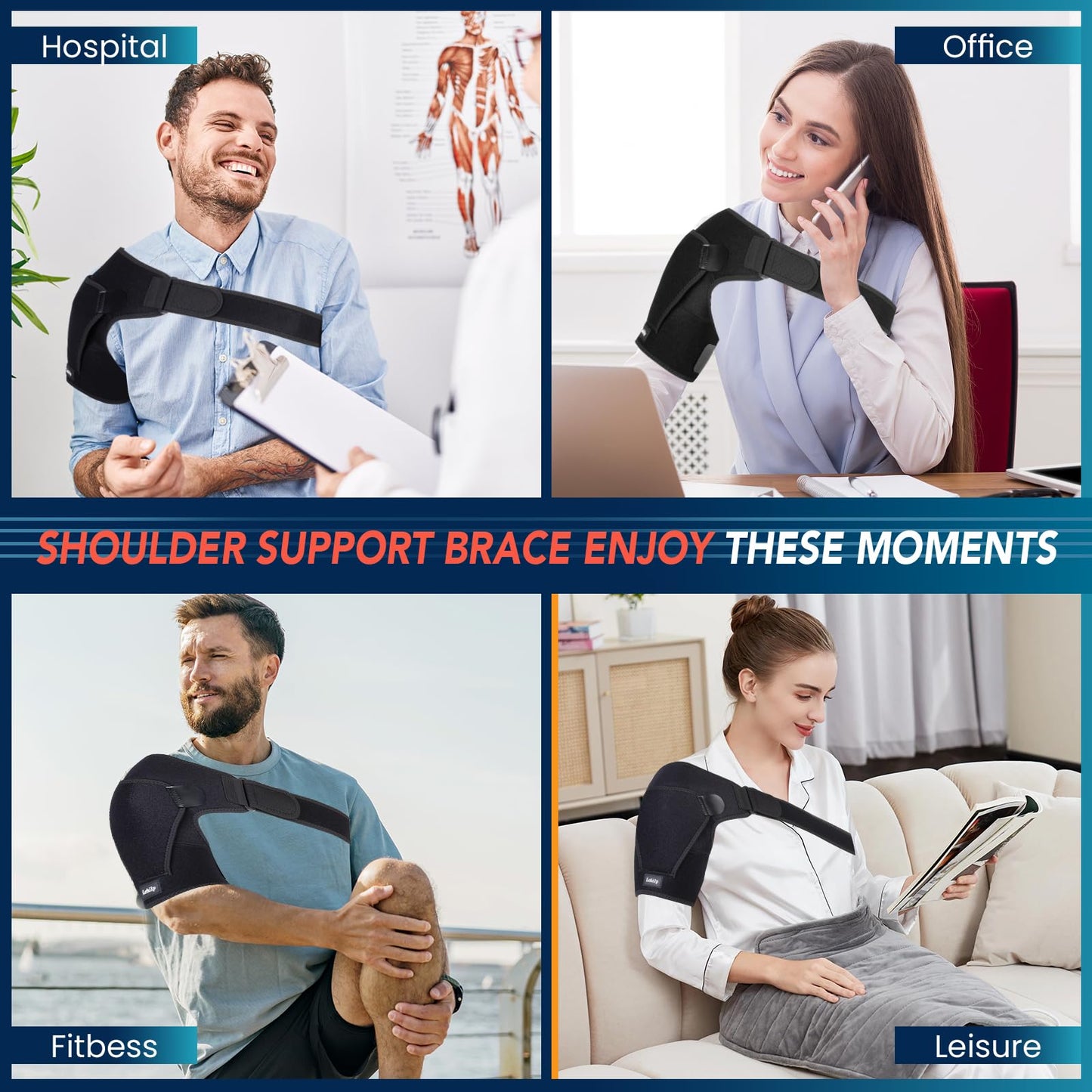 Lebilp Shoulder Brace with Adjustable Compression Sleeve for Rotator Cuff Support & Pain Relief, Hot/Cold Pack Compatible, Breathable Stabilizer with Arm Sling, Fits Left/Right Arm for Men & Women