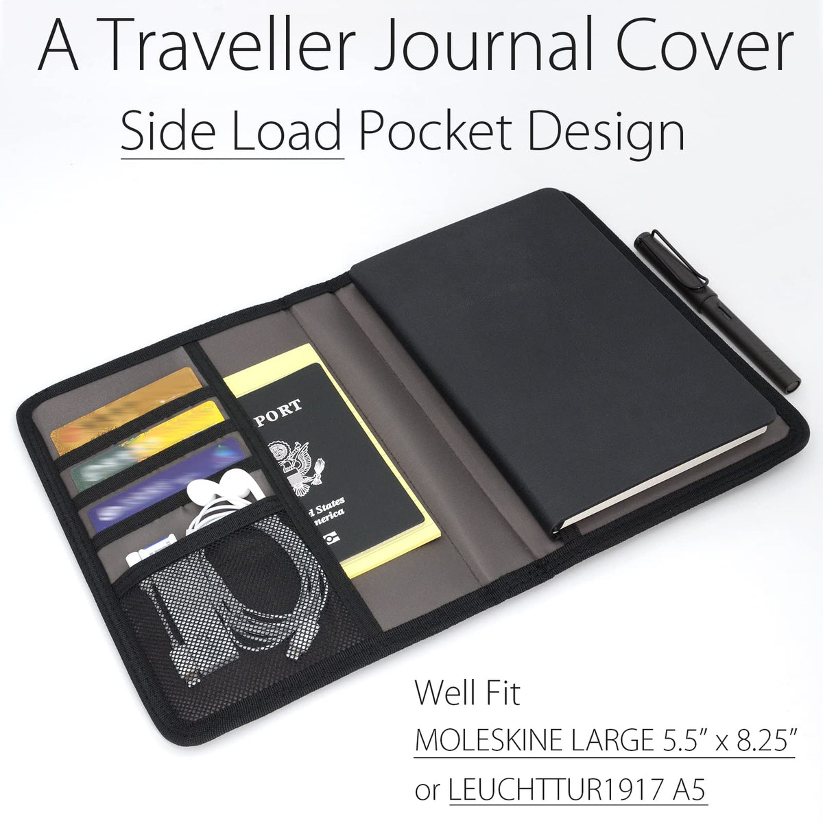 diodrio Journal Notebook Cover for Travel 5.5 x 8.25 A5 Moleskine LEUCHTTURM 1917 Journal Notebook Planner Sketchbook Legal Pad, refillable, Water Resistant, Elastic Band, Inner Pockets, Black