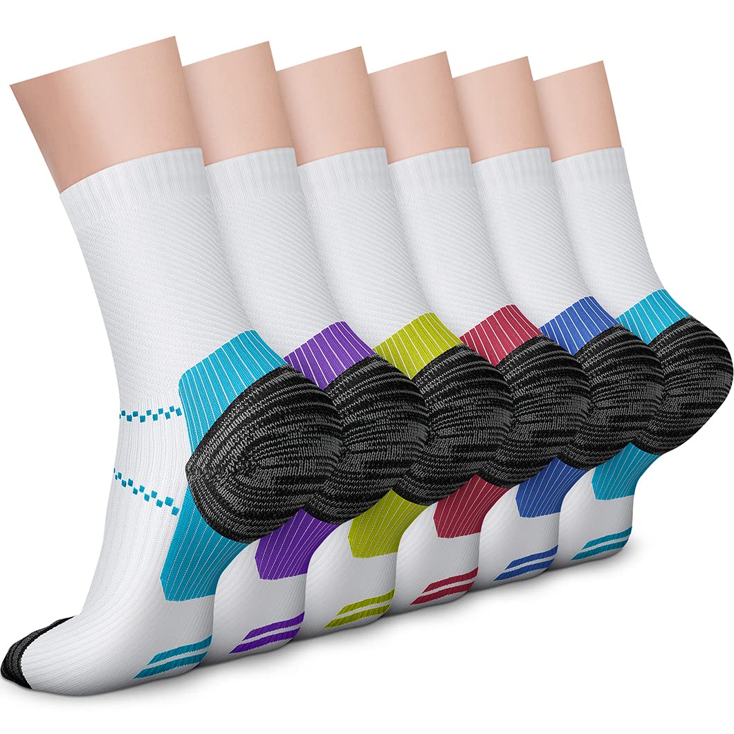 CHARMKING 6 Pairs Crew Compression Socks for Women & Men Circulation 15-20 mmHg is Best for All Day Wear Running Nurse (S/M, White Multicolor)