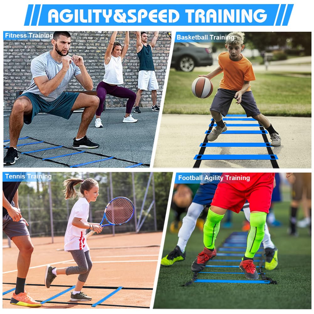 YGORTECH Soccer Training Equipment Set - 20FT Agility Ladder, 16 Soccer Cones, Speed and Agility Training Equipment for Indoor/Outdoor Practice Blue Ladder
