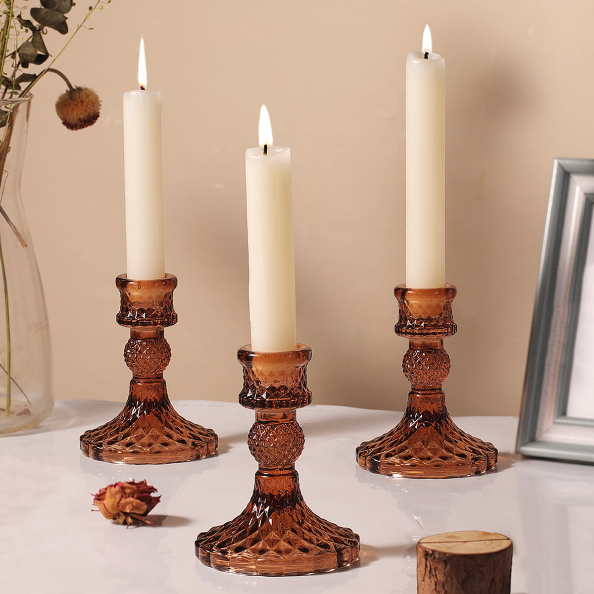 12Pcs Amber Candlestick Holders Set- 4" H Taper Candle Holders Bulk, Glass Candle Holders for Wedding, Party, Fall Dinner Table Centerpieces, Festival Gifts & Windowsill Decor