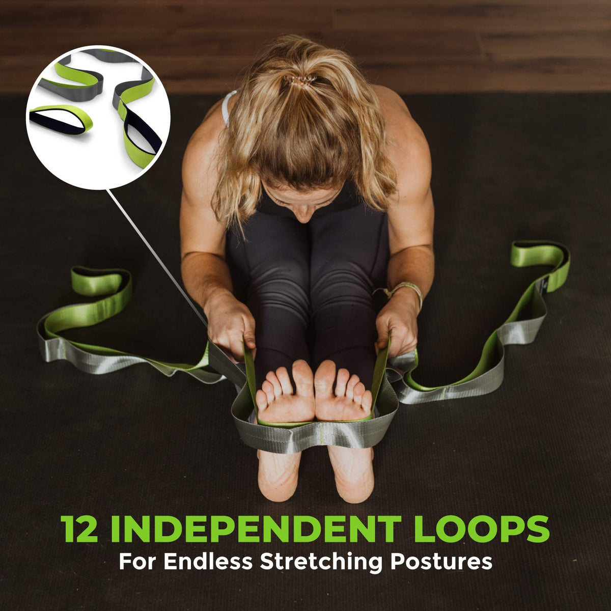 Gradient Fitness Stretching Strap for Physical Therapy, 12 Multi-Loop Stretch Strap 1.5" W x 8' L, Neoprene Handles, Physical Therapy Equipment, Yoga Straps for Stretching, Leg Stretcher, (Green/Grey)