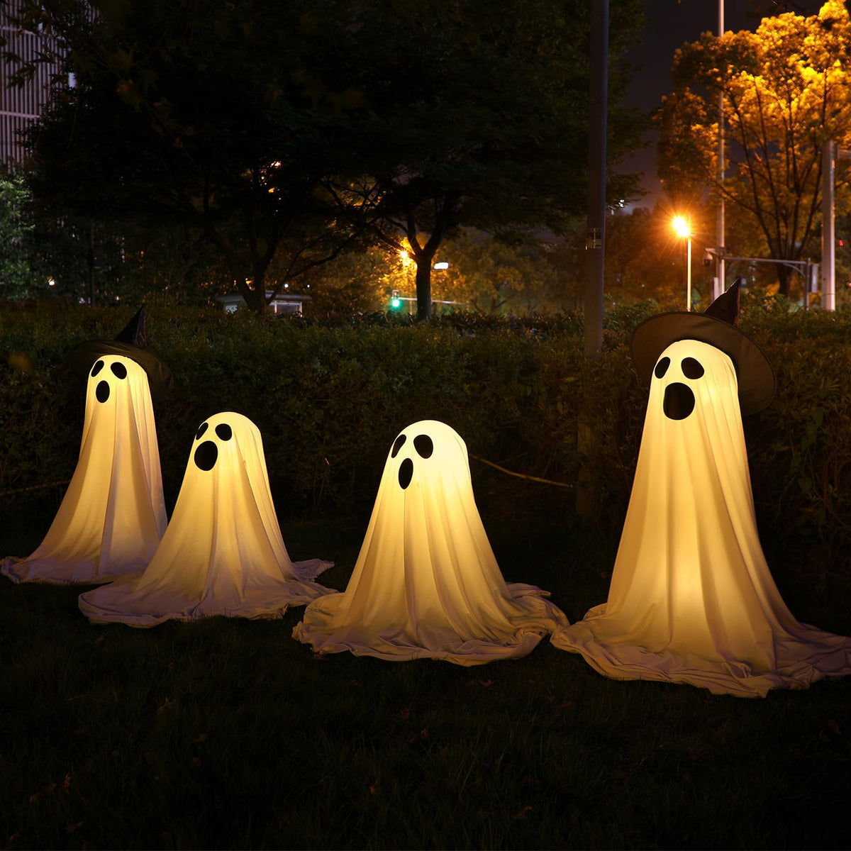 Justforjoyful 4 Packs Halloween Ghost Decor Light Up Ghost Kit Outdoor Indoor Spooky Halloween Party Decorations with Easy Assembly