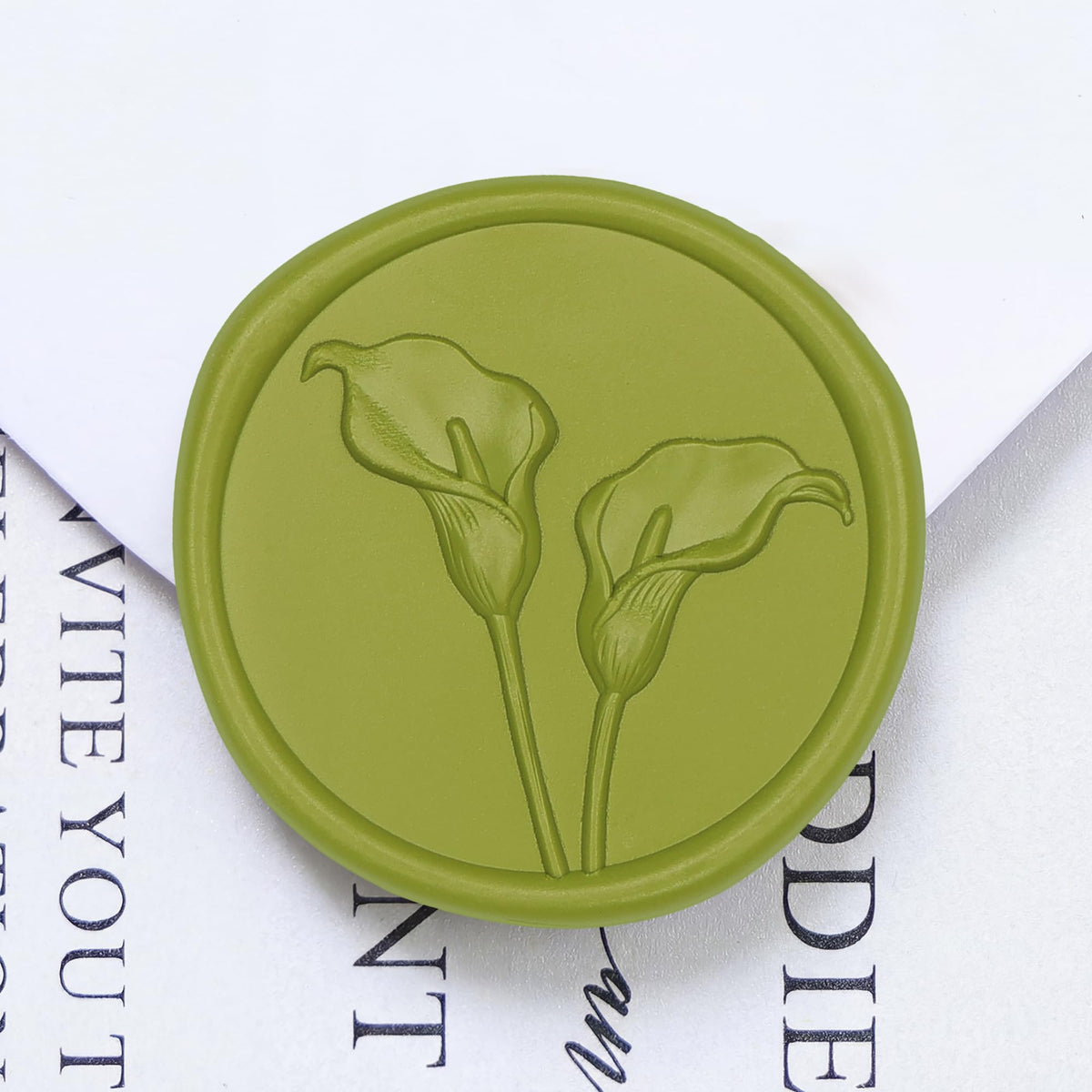 UNIQOOO Wax Seal Stickers - 3D Calla Lily Floral Wedding Invitation Envelope Seal Stickers, 50 Pcs Self- Adhesive Chartreuse Green Flower Wax Seals, Perfect for Bridal Shower, Gift Wrapping