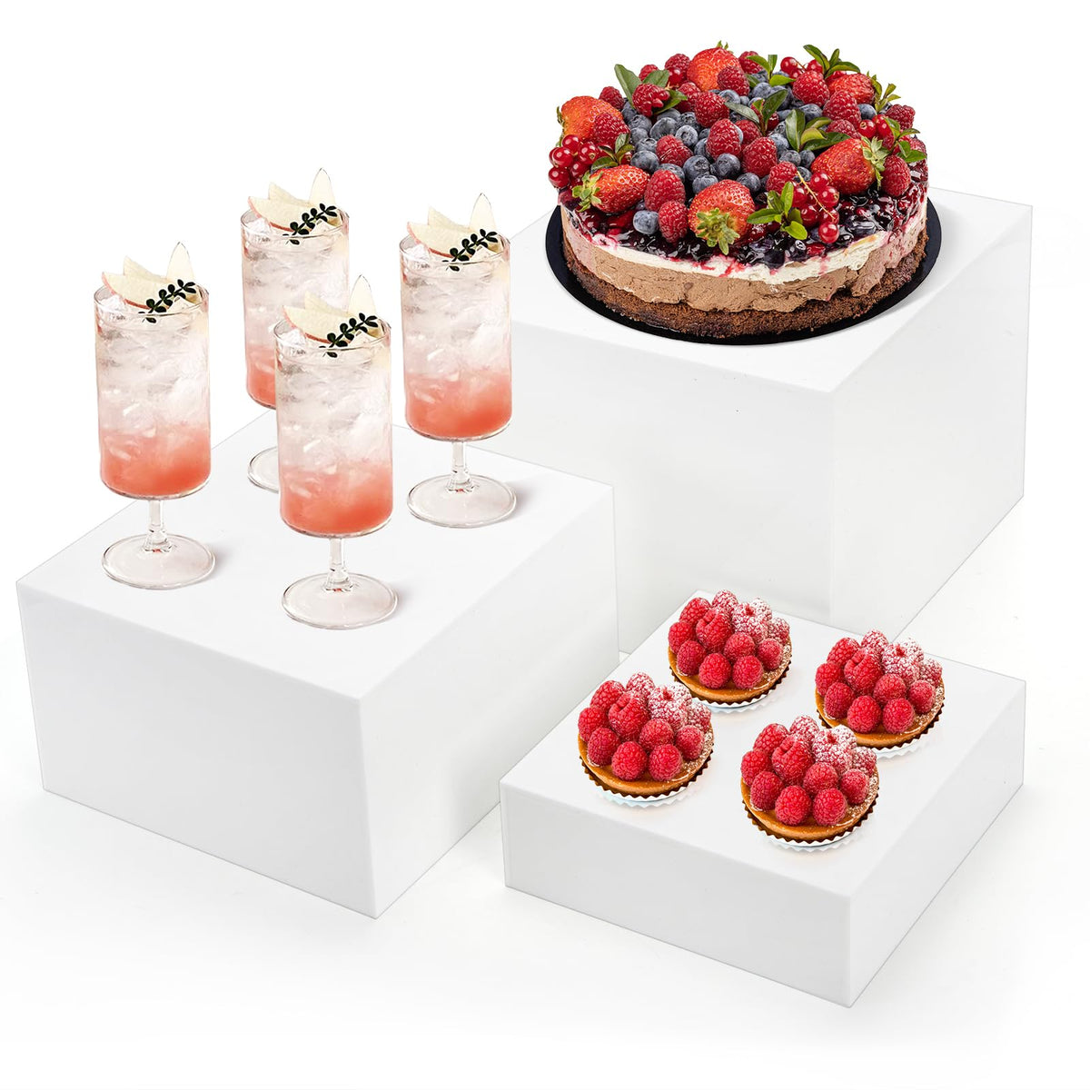 Hacaroa Set of 3 Acrylic Cube Riser Hollow Bottom, 6/7/8 Inch Small Glossy White Buffet Riser Food Display Stand, 5 Sides Cupcake Stand Nesting Display Box for Jewelry, Collectibles, Figures, 3 Sizes