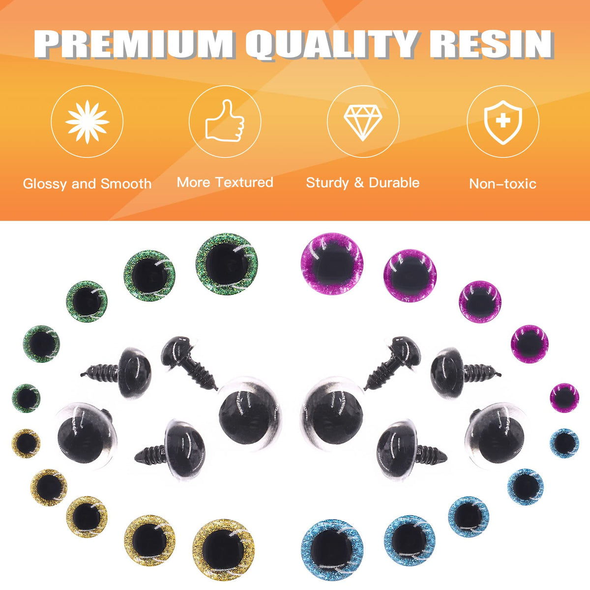 Rustark 160 Sets Glitter Plastic Safety Eyes Stuffed Crochet Eyes Craft Doll Eyes Kit with Washers for DIY Crafts Projects 12 14 16 18 20mm Yellow Green Light Purple Blue