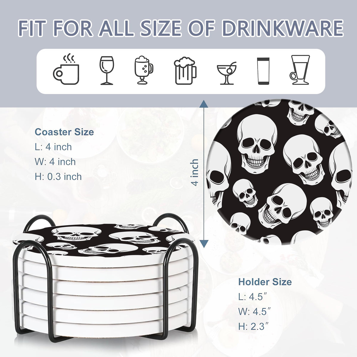 Coaster for Drinks Set of 6, Skeleton Skull Absorbing Round Ceramic Stone Coaster with Cork Base,Tabletop Protection Mat for Mugs and Cups,Coffee Table Wine Glass Home Bar 4 Inch