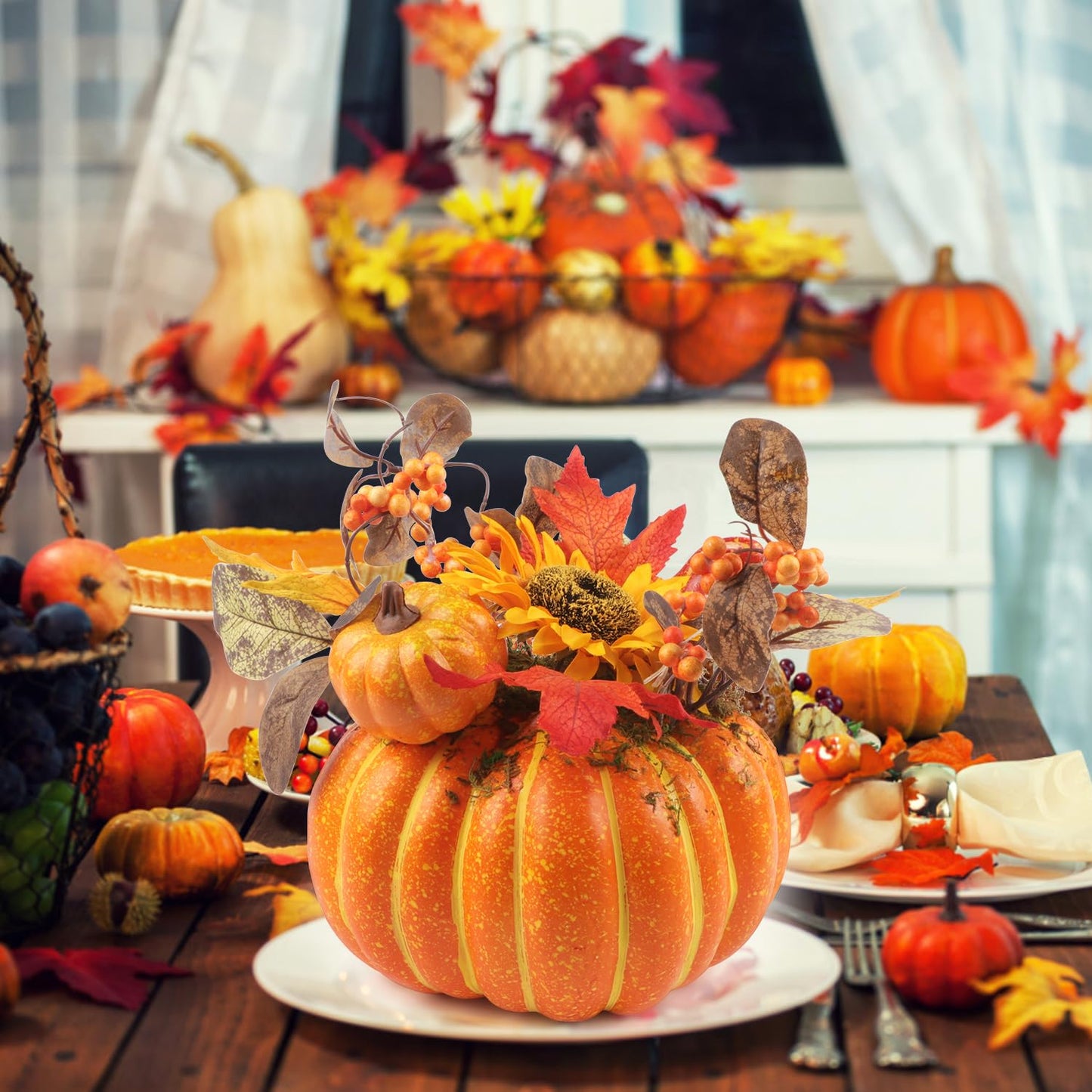 12 Inch Artificial Pumpkins Large Fake Pumpkin Decor Plastic Pumpkins Decorative with Sunflower Maple Leaf Berries Faux Pumpkin for Decorating Fall Harvest Thanksgiving Tables Centerpieces Decor