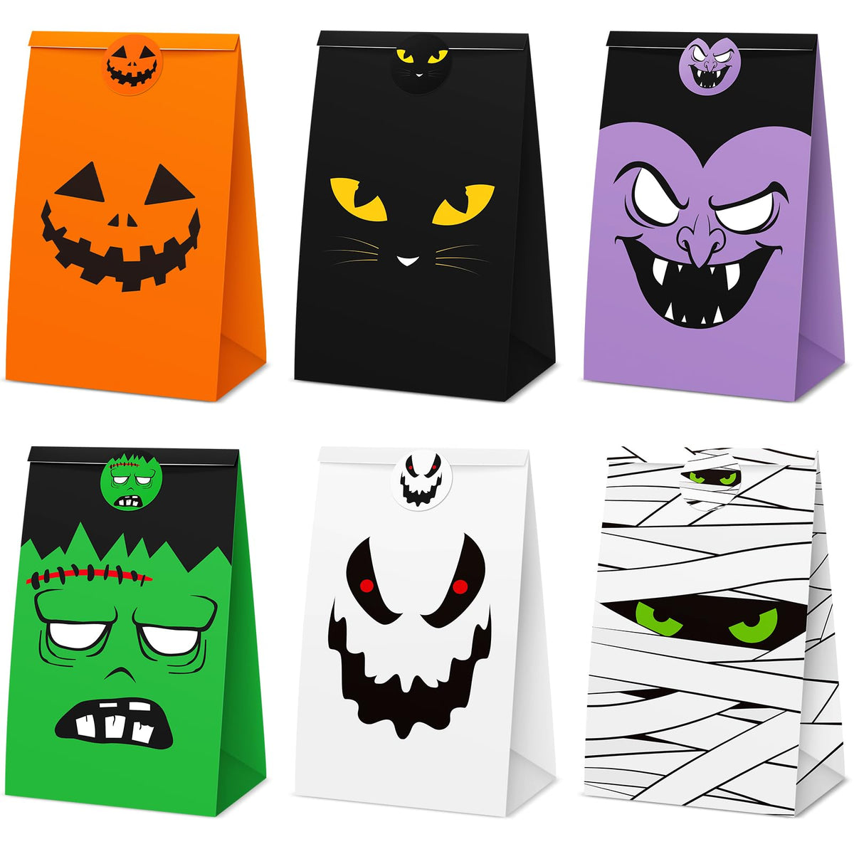 TaoBary Halloween Treat Bags Cute Trick or Goody Bags Halloween Paper Favor Bag with 6 Assorted Designs Stickers for Trick or Goody Birthday Party Event Supplies(30 Pcs)