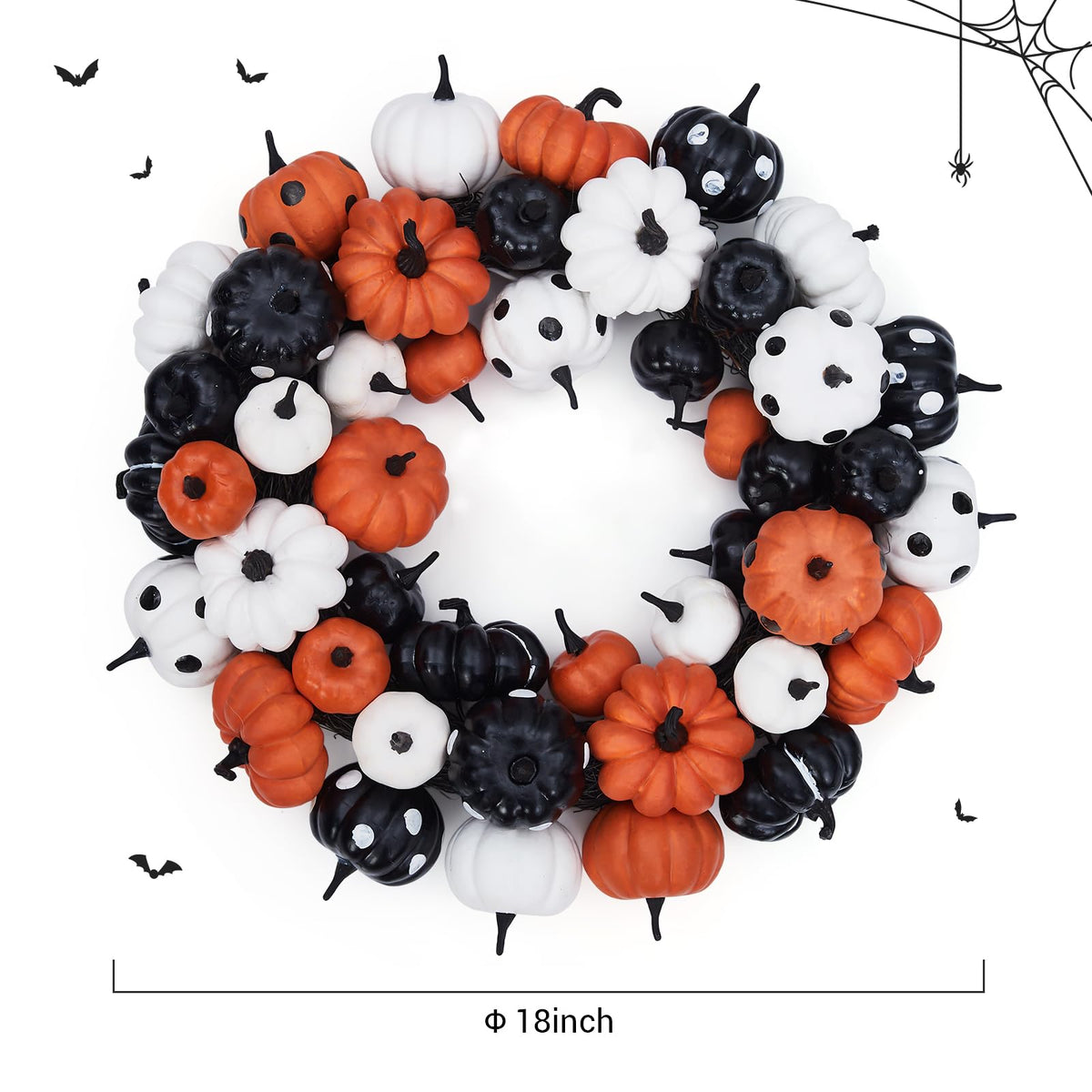 GarveeHome Halloween Pumpkin Wreath for Front Door, 18 in Fall Farmhouse Wreath with Orange, Black and White Pumpkins, Rattan Bottom Halloween Indoor Outdoor Home Party Decor