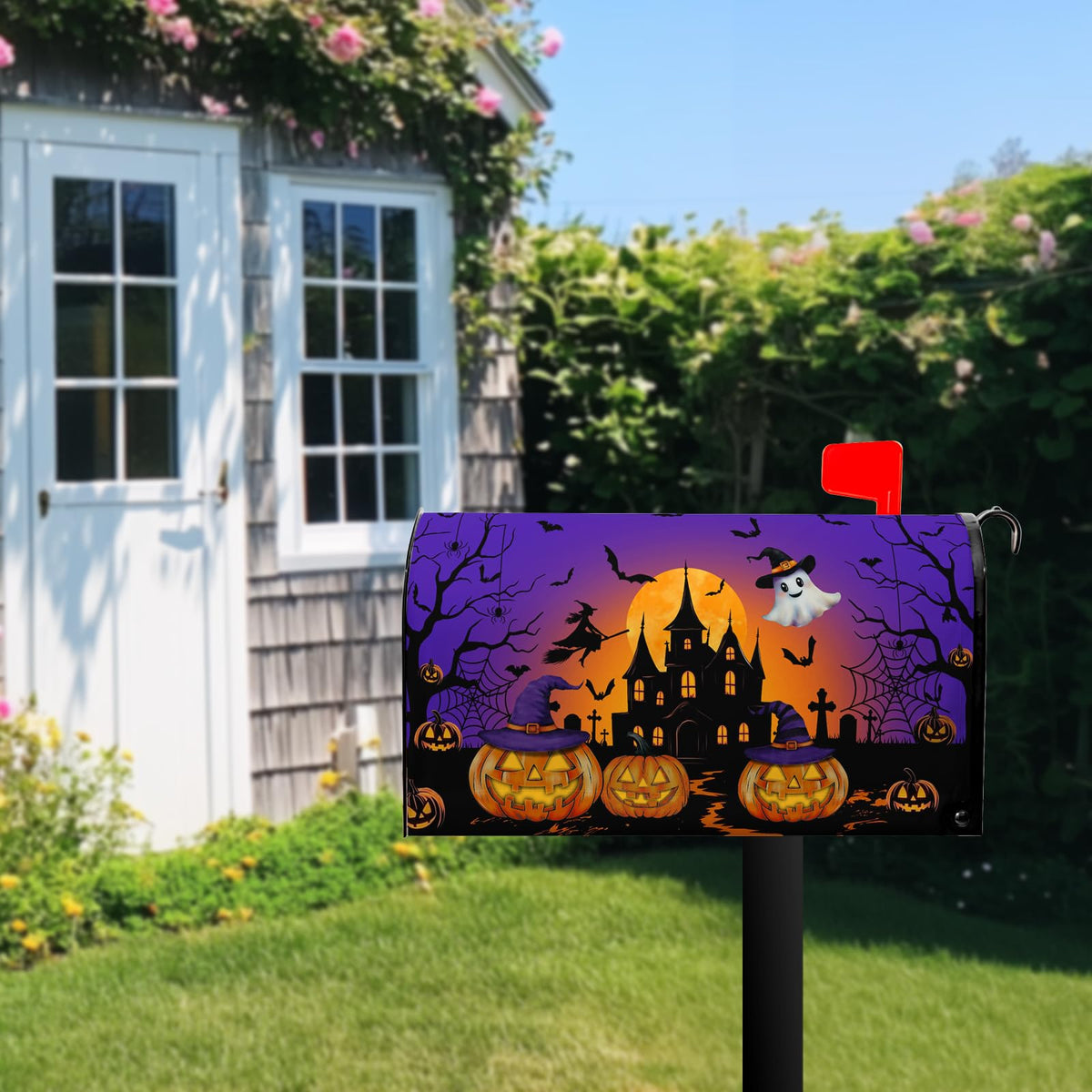 Halloween Night Ghost Mailbox Covers Bat Castle Spooky Pumpkin Lanterns Mailbox Post Cover Letter Box for Garden Standard Size 21x18 in for Yard Home Decor