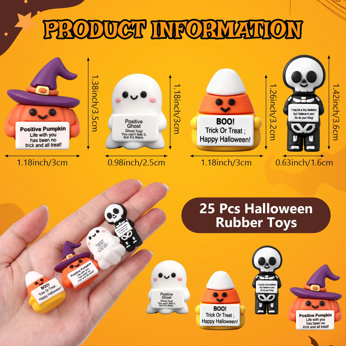 Gejoy 25 Pcs Halloween Mini Rubber Figurine with Motivational Messages Mini Ghost Pumpkin Candy Corn Skeleton Positivity Signs for Office Home Halloween Party Decorations Gifts