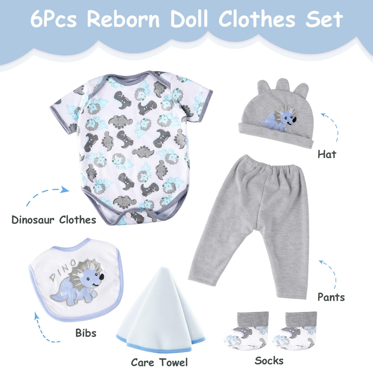 BABESIDE 6 Pcs Reborn Baby Doll Clothes for 17-22 Inch Babydolls, Dinosaurs Pattern Lifelike Reborn Baby Doll Accessories with Hat Bib and Socks for Realistic Baby Dolls Boy & Girl
