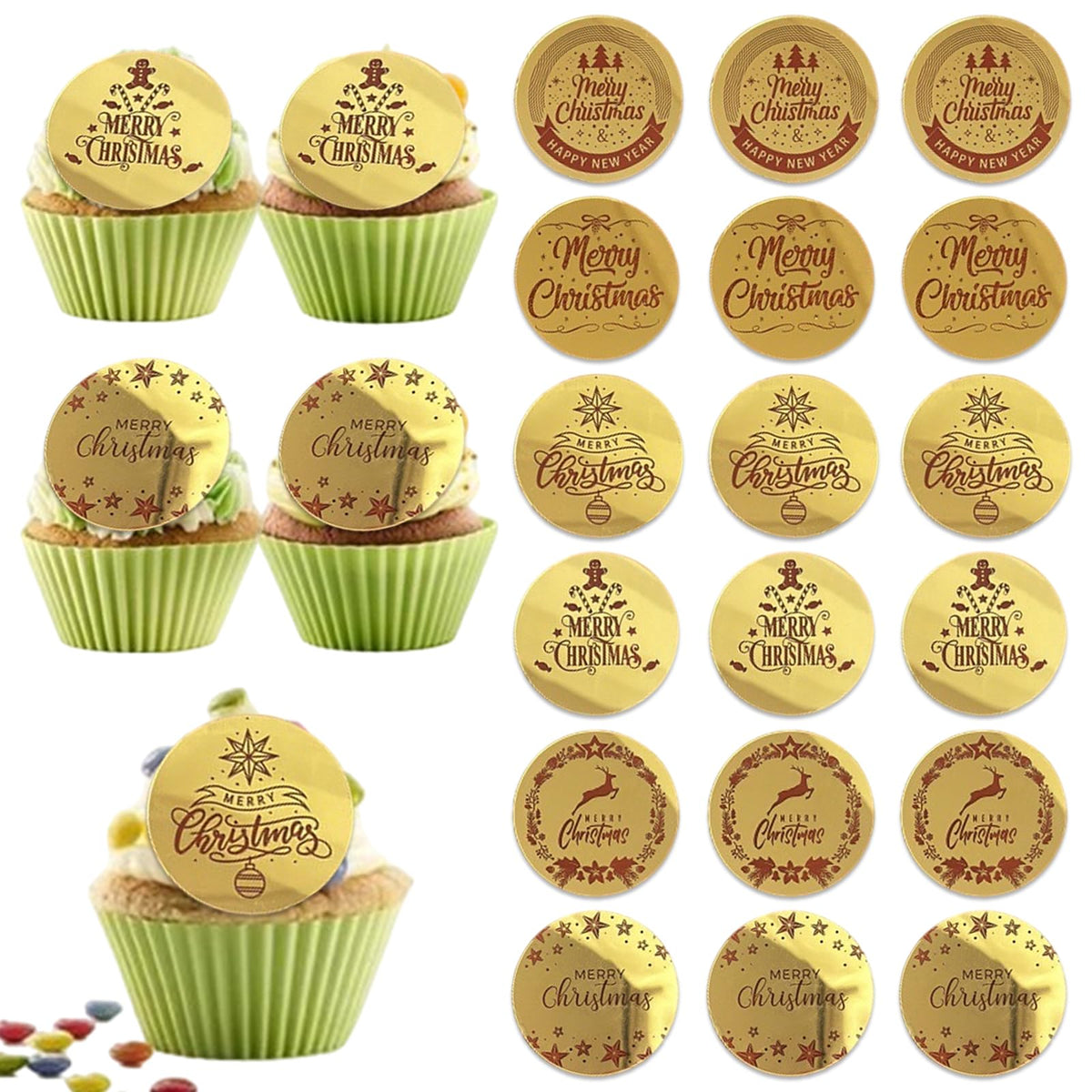18 Pcs Christmas Cake Decoration Cupcake Toppers Xmas Party Supplies Mirror Merry Christmas Tree Santa Sleigh Reindeer Design Food Gold Acrylic Accessories