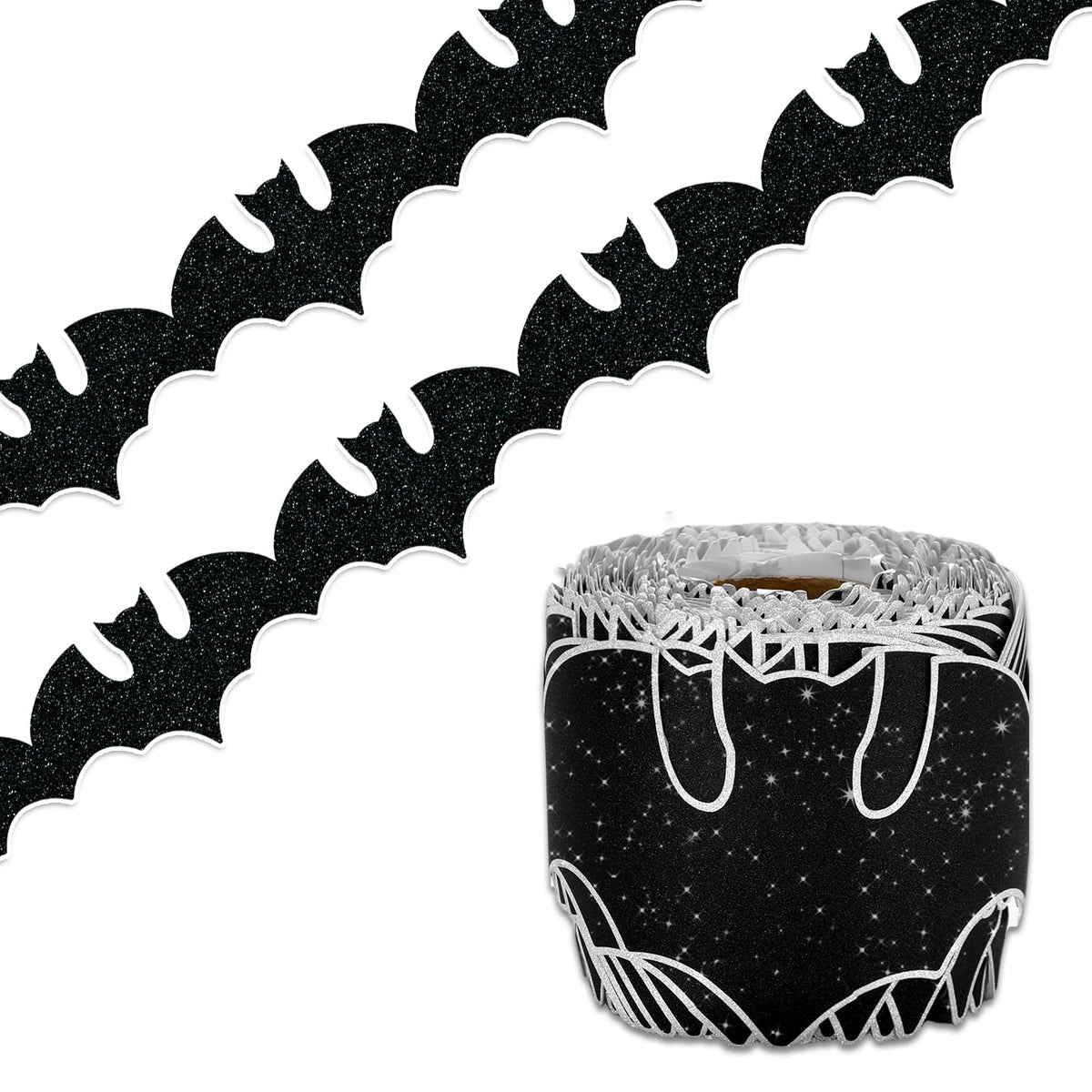 Whaline 65.6Ft Halloween Bulletin Board Border Glitter Black Bat Die Cut Trim Border Roll for Spooky Chalkboard Wall Decor