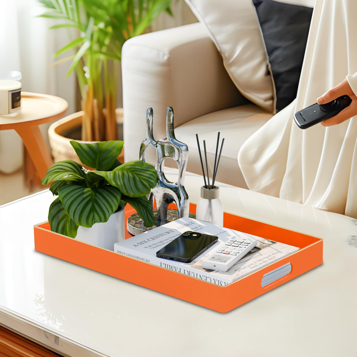 MAONAME Orange Serving Tray with Handles, Modern Decorative Trays for Coffee Table, Plastic Rectangular Trays for Ottoman, Bathroom, Halloween Decor, 15.8” x 10.2” x 1.4"