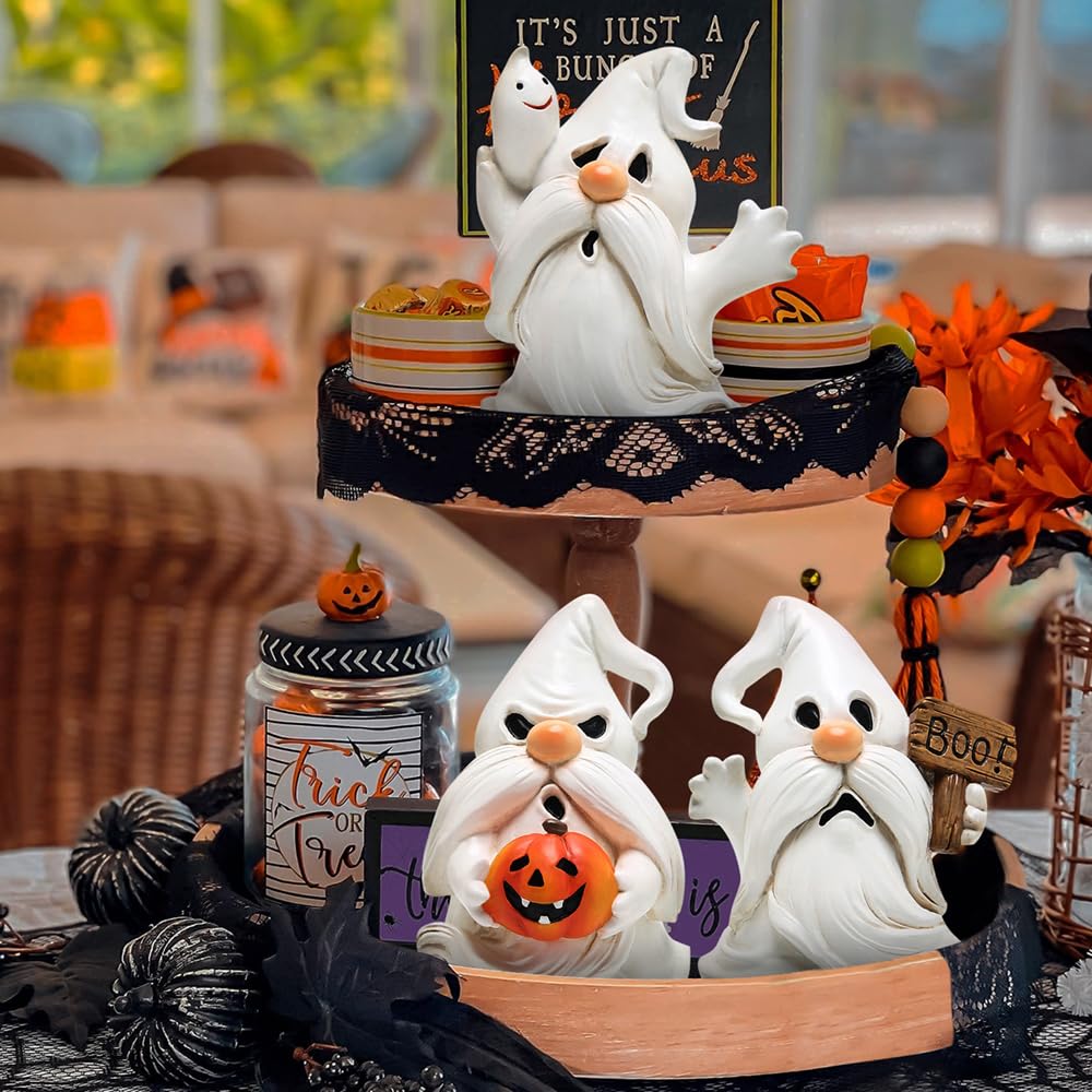 Hodao Halloween Ghost Gnome Figurines - Cute Spooky with Pumpkin & Boo Sign, 3PCS Indoor Outdoor Decor for Home, Party, Tiered Trays, Windowsills & Gifts