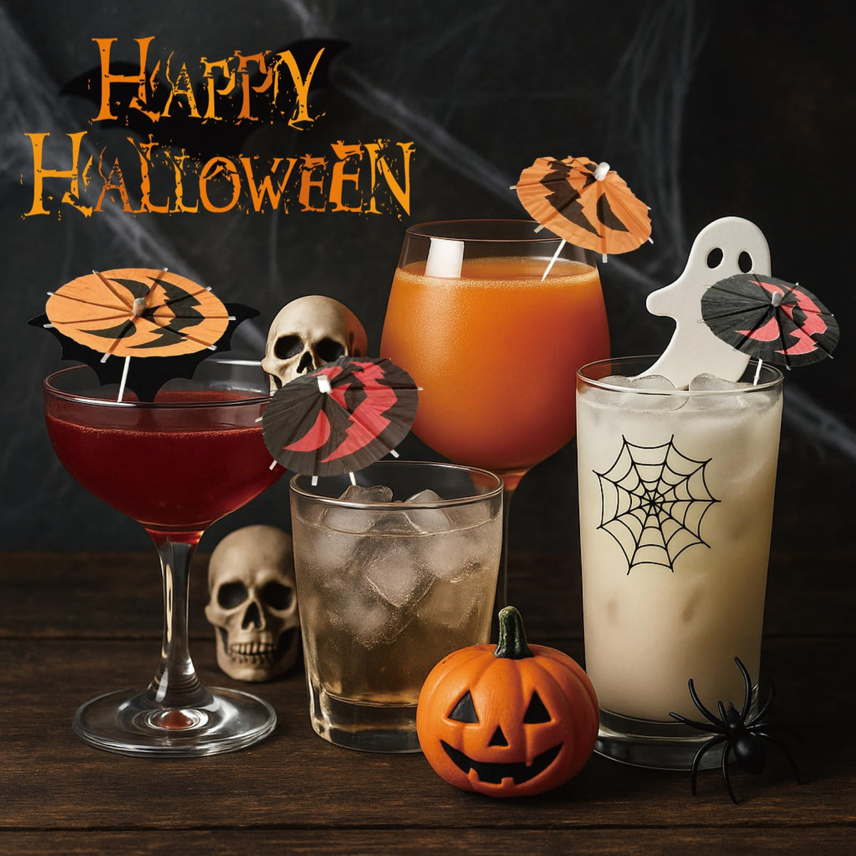 140 Pcs Halloween Pumpkin Cocktail Drink Umbrella Picks, 4 Inch Spooky Paper Toothpicks with Pumpkins Cocktail Umbrellas Fruit Dessert Cupcake Topper Sticks for Halloween Party Decorations (Orange)