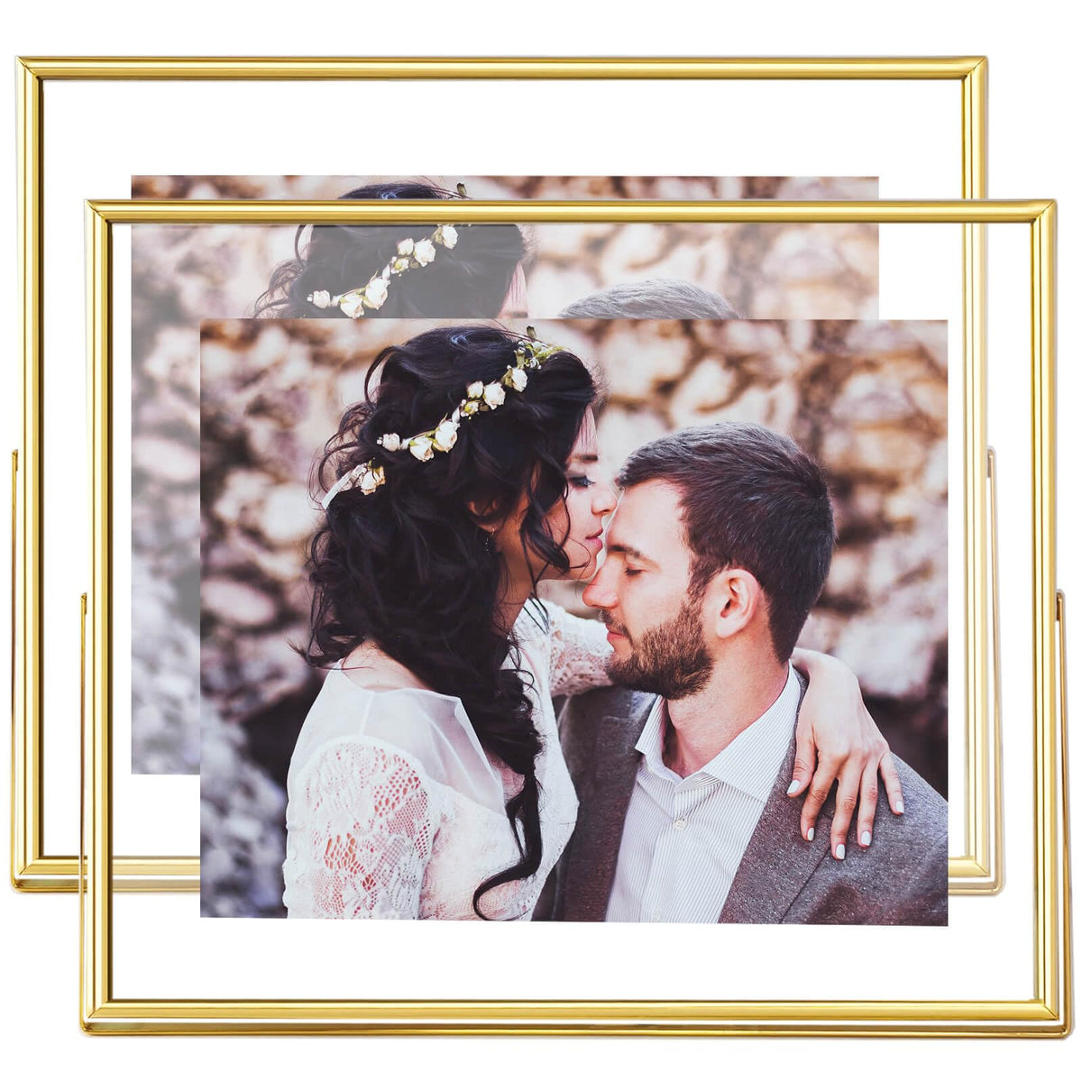 CROXXID 8x10 Floating Picture Frames Set of 2, Made of Metal and Double Real Glass, for Photo Size up to 10x12, Tabletop Display Home or Wedding Decoration (Horizontal Gold)