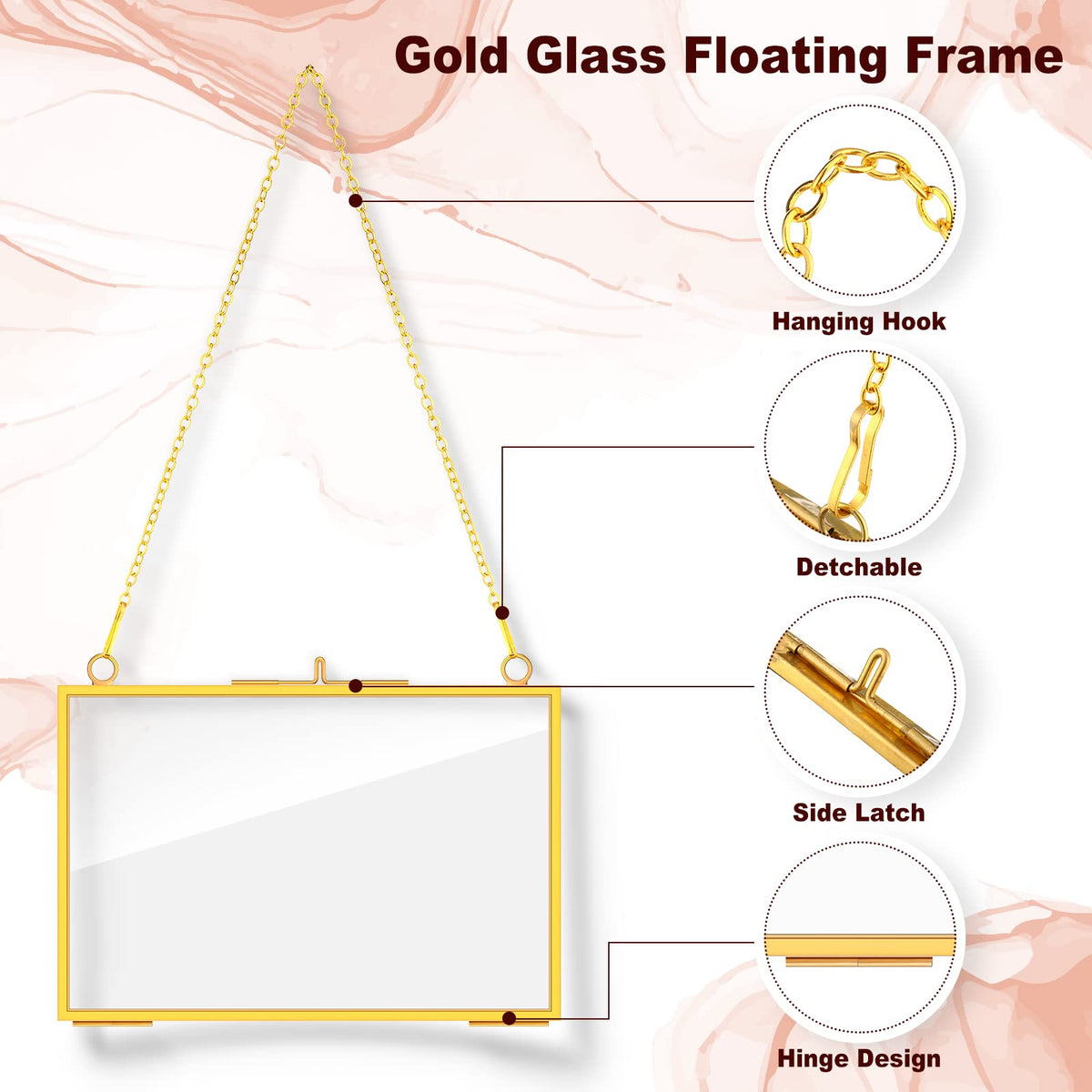 Chunful 9 Pieces Double Glass Frame for Pressed Flowers Hanging Picture Frames Photo Display Gold Metal Brass Floating Frame with Chain for Artwork Art Specimen Wall Plant DIY Gallery, 3 Sizes