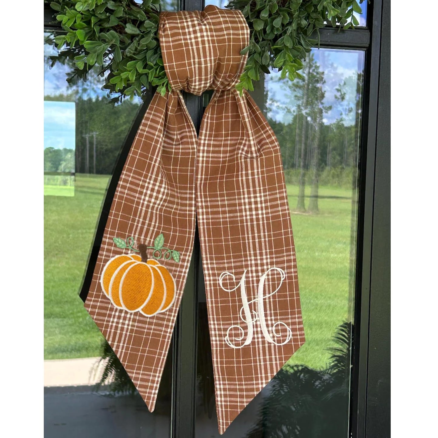 Autumn Door Wreath Sash Embroidered with White Letters and Pumpkins On A Plaid Wreath Sash Ideal for Housewarming Gifts, Autumn Thanksgiving, Halloween, and Christmas Porch Decorations -T