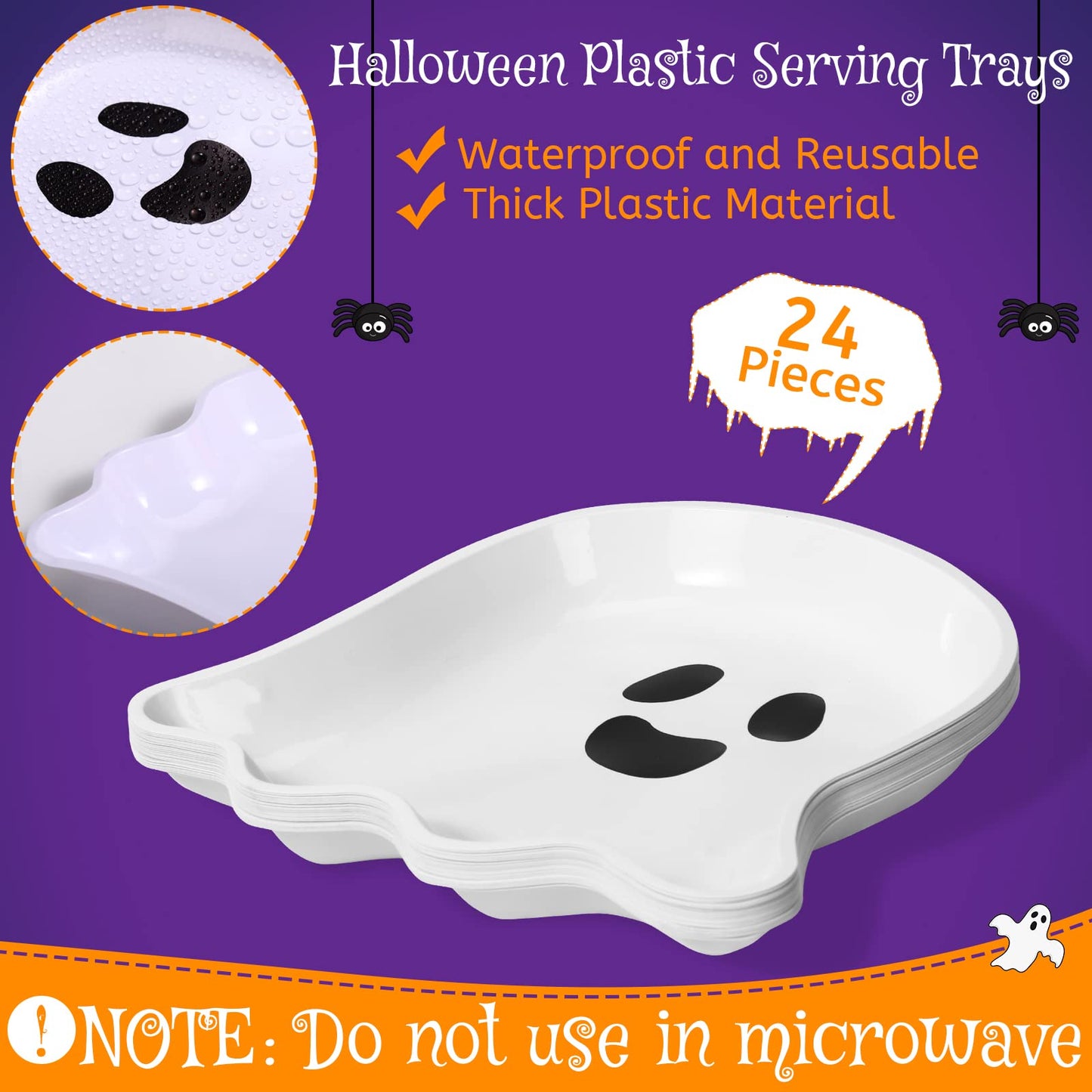 Sawysine 24 Pieces Halloween Party Serving Trays, Plastic Orange Pumpkin Black Cat White Ghost Plates Halloween Party Tableware Supplies for Holiday Decorations(White,Ghost)
