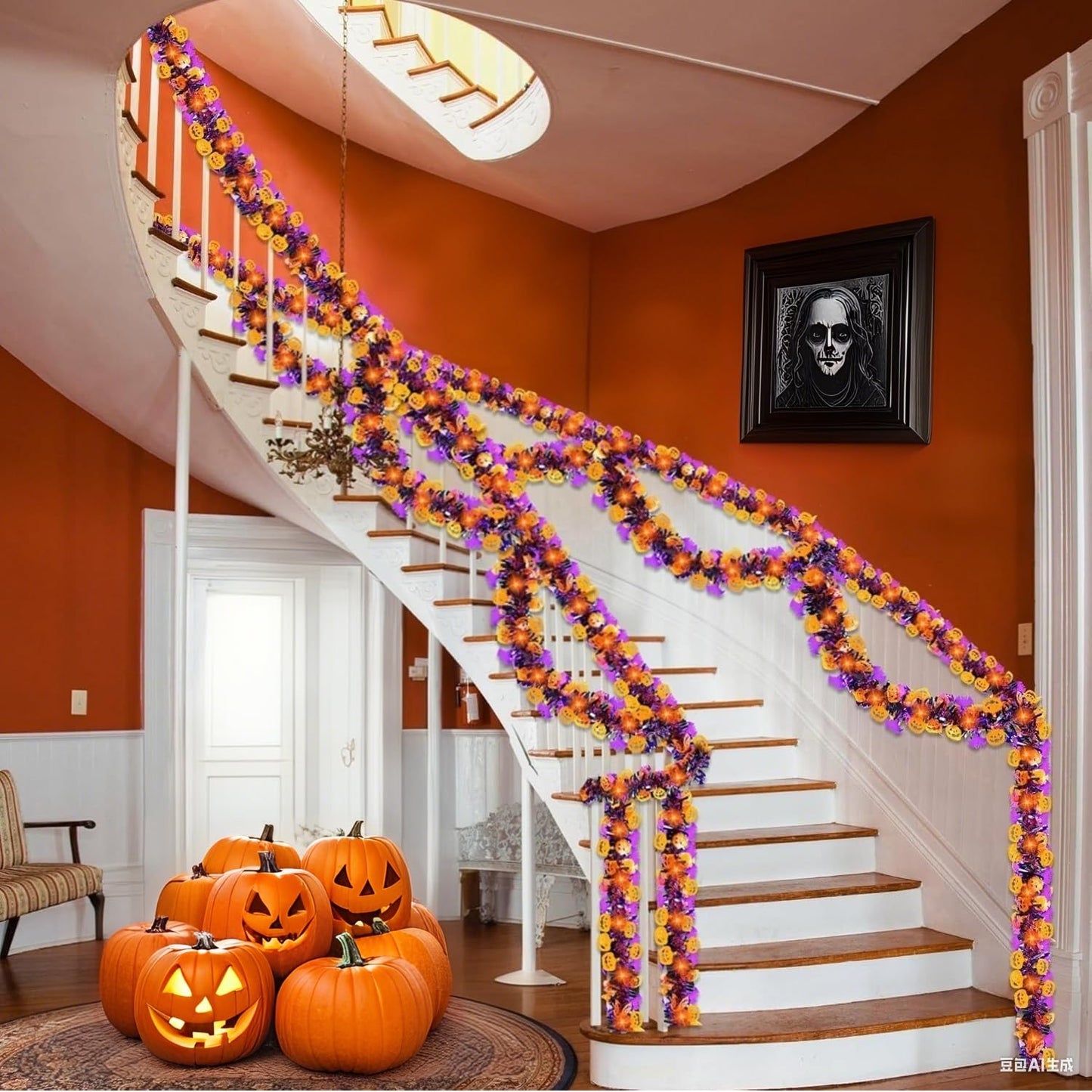 50 Ft Halloween Tinsel Garlands,Funny Pumpkin Purple Bats Shiny Metallic Twist Foil Tinsel Garland Hanging Holiday Decorations for Home Indoor Outdoor Festivities Party Decor