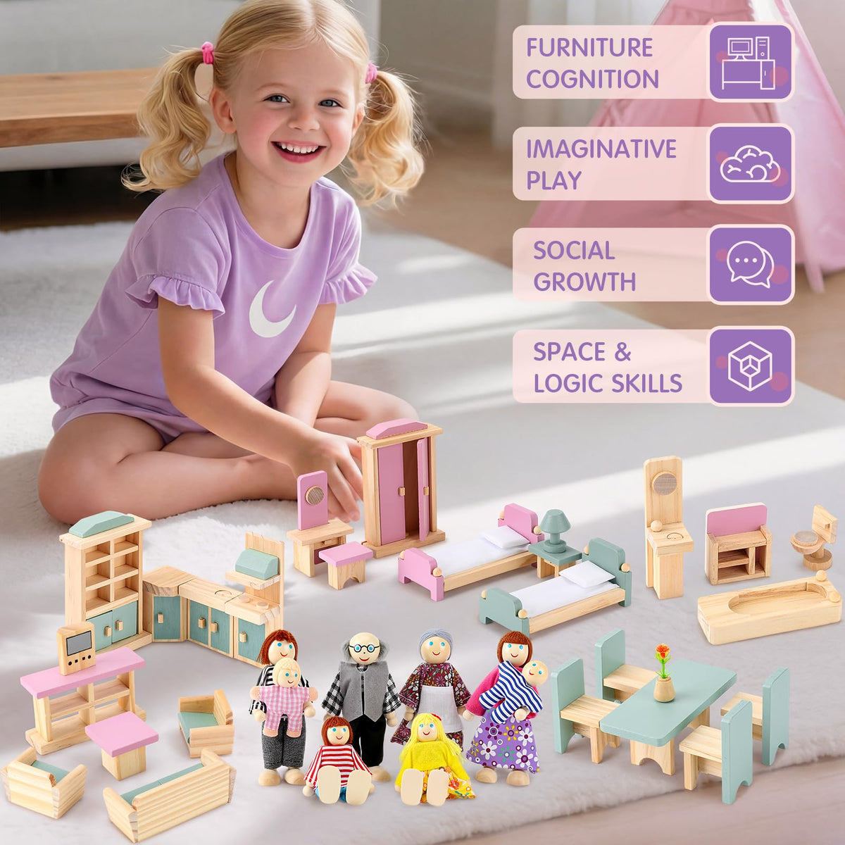 Sumind 35 Pcs Wooden Dollhouse Furniture Set with 8 Family Figures, 1:12 Scale Miniature Dolls House Accessories for Kitchen, Bedroom & Bathroom, Montessori Educational Toy Gift for Girls and Boys