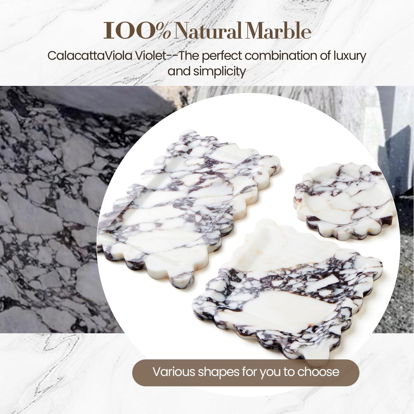 SAMAH Calacatta Viola Natural Marble Tray, Scalloped Bathroom Tray, Luxury Decorative Trays for Bathroom, Vanity, Dresser, Kitchen & Home Decor, Housewarming Gifts New Home (Rectangle)