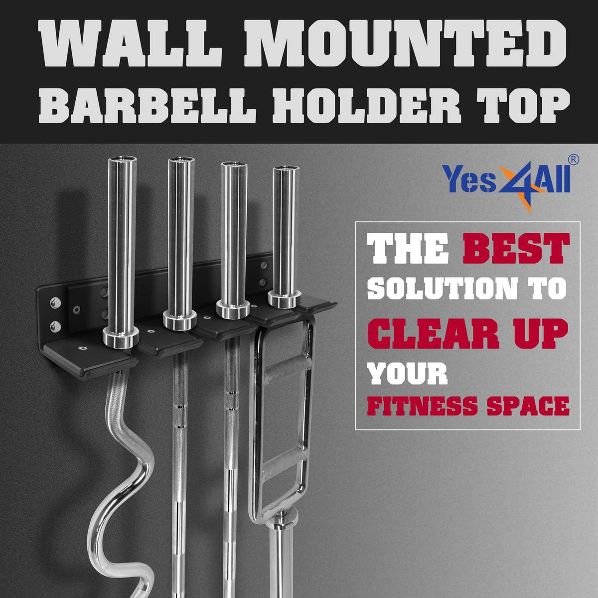 Yes4All Vertical Wall Mounted Olympic Barbell Holder, Barbell Storage Rack, Hanging Barbell Rack for Home Fitness Equipment - 4 bars