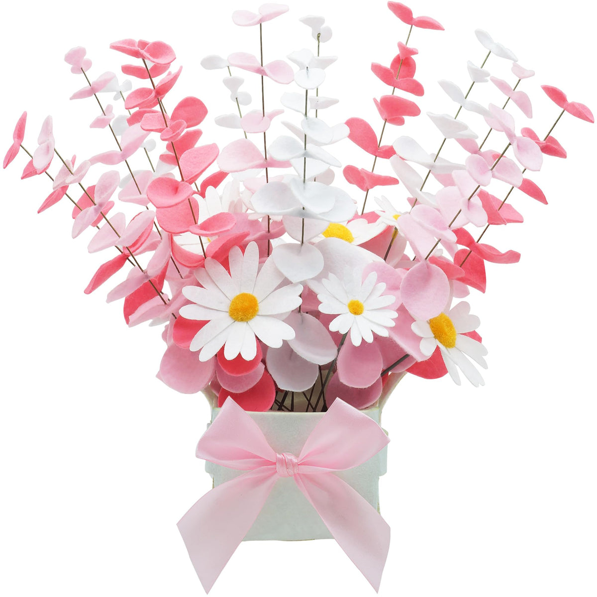 BAZIMA Felt Eucalyptus Daisy Bouquet,Felt Flowers,Multi-Color Felt Leaves,DIY Bouquet,Artificial Flower Bouquet with Flower Pot,Floral Gifts,15 Eucalyptus and 8 Daisies kit (Red Pink White)