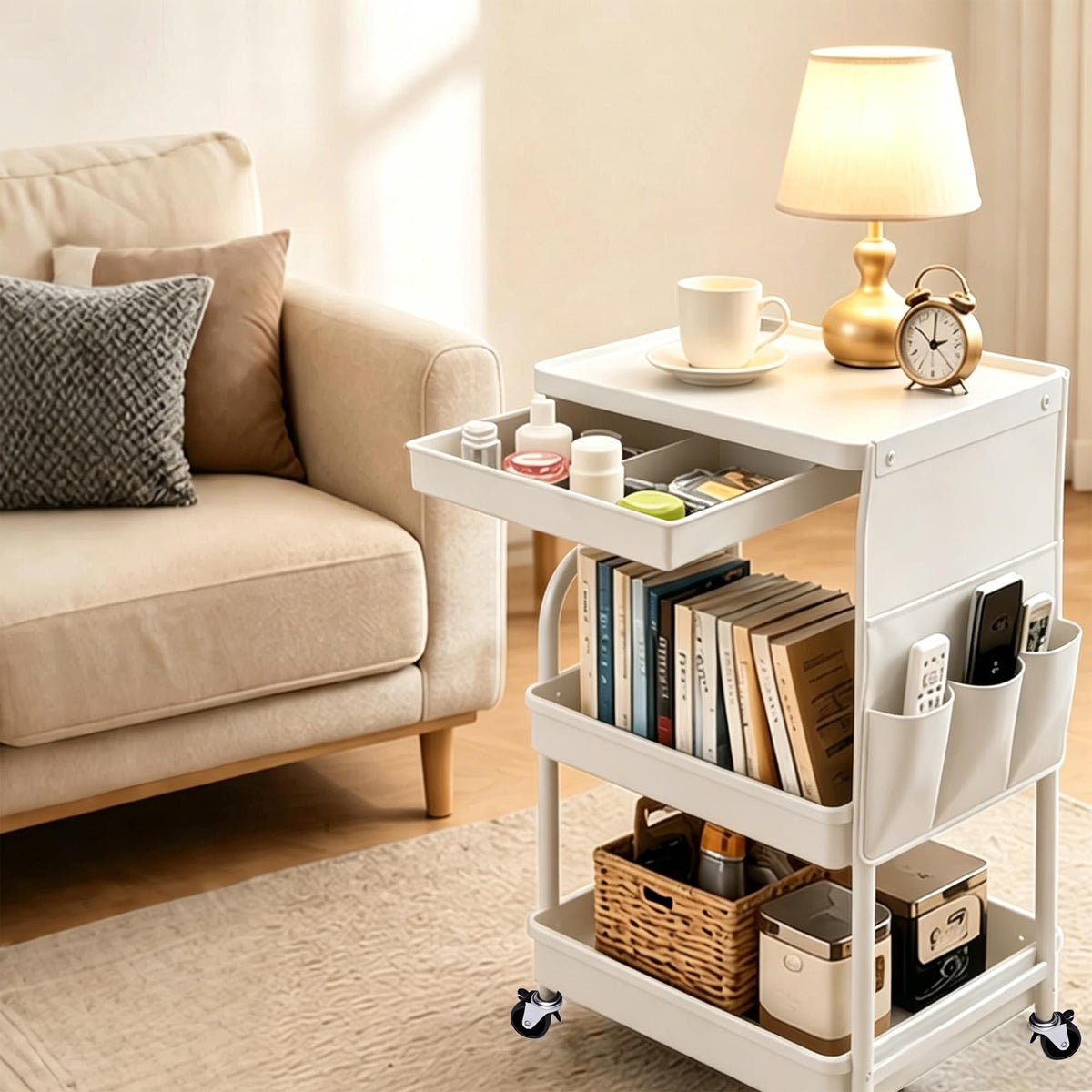 3 Tier Rolling Cart with Wheels and Drawers,Utility Storage Organizer Cart with Fabric Bag & Silent Casters for Nail Art, Makeup, Book, Nursery, Dorm Room Essentials and Kitchen, White