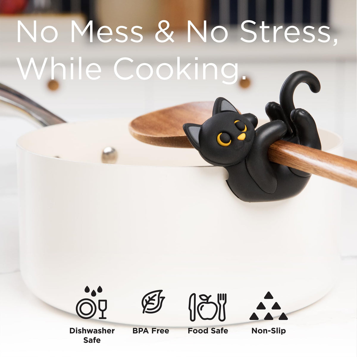 Black Cat Spoon Rest for Stove Top – Silicone Pot Clip Utensil Holder & Lid Lifter – Funny Kitchen Gadget, Unique Witchy Cat Gifts for Women & Halloween – 3" x 2.5"