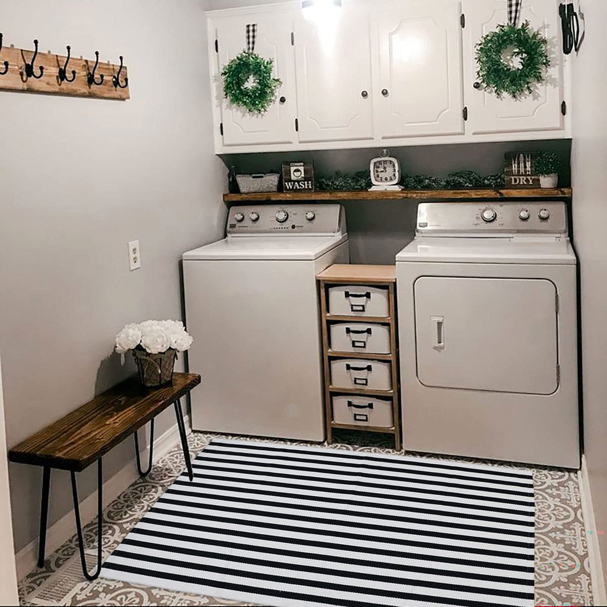 Black and White Striped Outdoor Rug Halloween Door Mat 27.5" x 43" Front Porch Rug Farmhouse Fall Layered Door Welcome Mat for Entryway/Home Entrance/Laundry Room