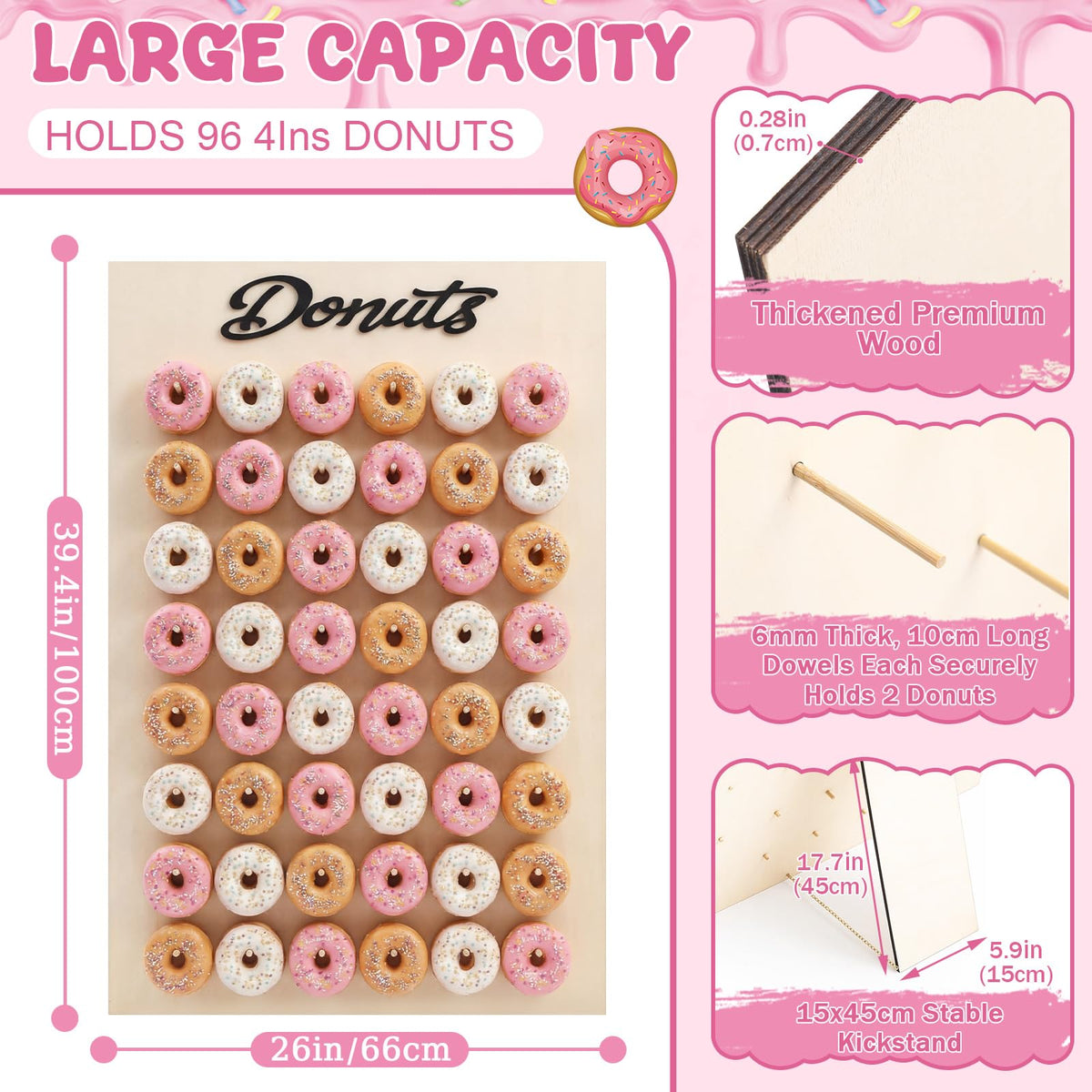 Threehoney 39.4" x 26" Extra Large Donut Wall Display Stand for 96 Donuts, Solid Wood Donut Wall Board for Wedding, Baby Shower, Birthday Party, Dessert Table Decorations(Natural)