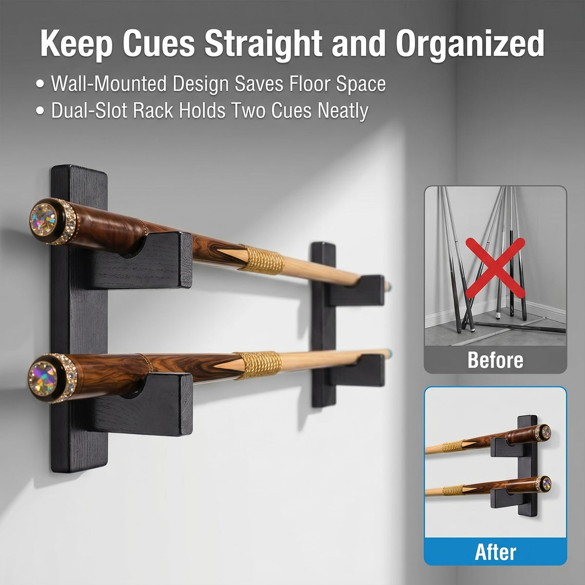 ERMMZHZW Pool Stick Holder Wall Mount Pool Stick Rack Billiard Cue Racks,Horizontally displays two billiard cues on the wall, Suitable for organizing billiard table accessories and equipment (1 pair)