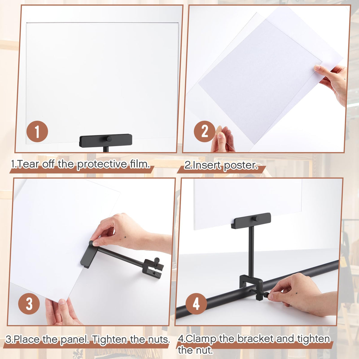 FoldTier 3 Set Aluminum Alloy Sign Holder Clamp with 8.5 x 11 Inch Acrylic Frame Sign Clip on Rotatable Holding Clamp for Clothing Stores Price Tag Office (Black)