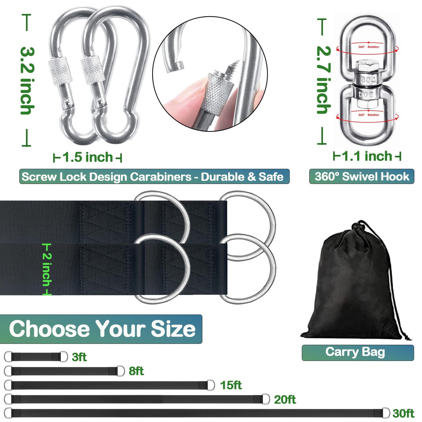 Veriluck Tree Swing Straps Hanging Kit - 3FT/8FT/15FT/20FT/30FT, Strong & Durable - Holds Up to 5000lbs - Adjustable Tree Swing Straps Fit for All Swings, Hammocks, Safer & Easy Installation(3 FT)