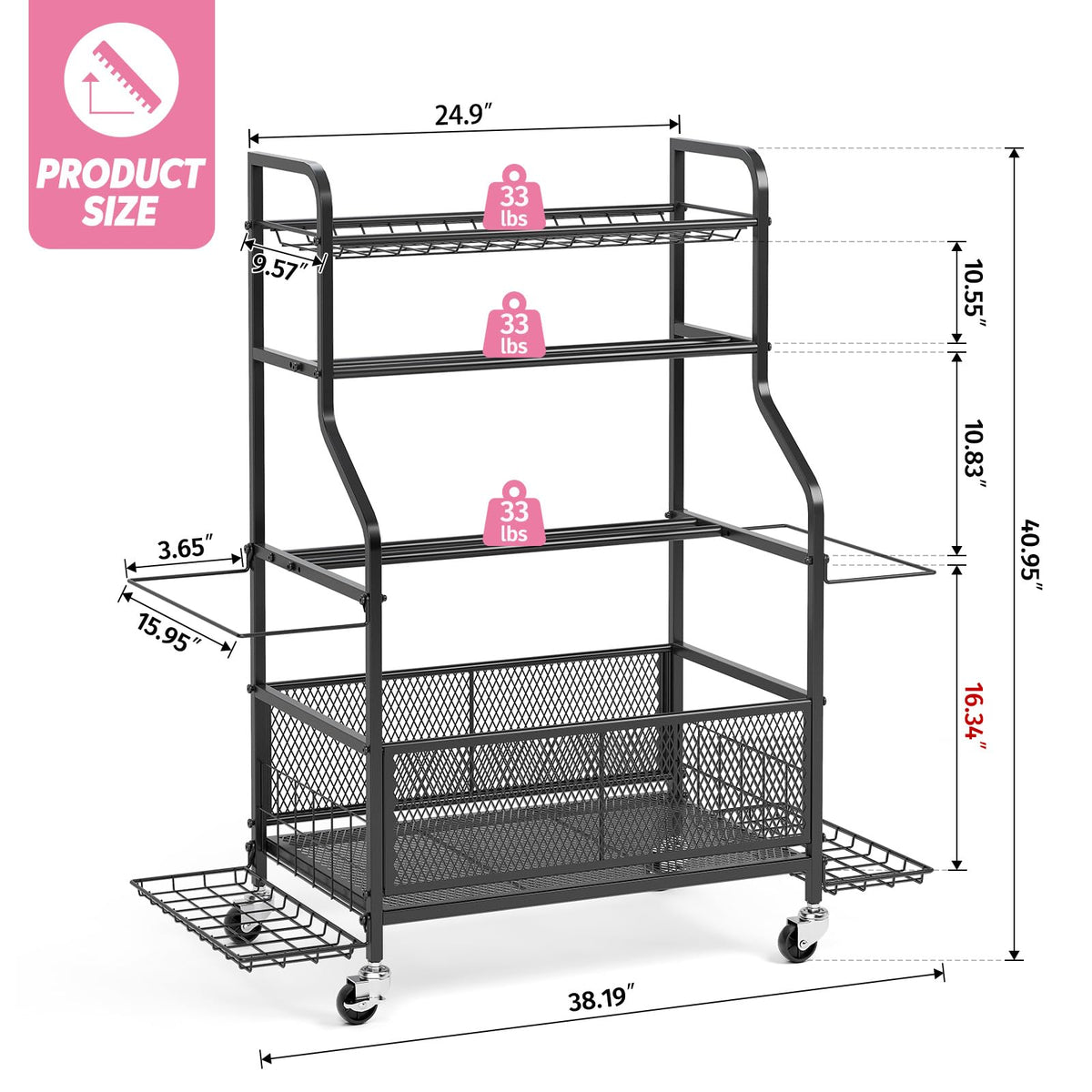 Dumbbell Rack with Wheels, Weight Rack for Dumbbells, Home Gym Storage Organizer for Kettlebells, Yoga Mats, Balls & Workout Equipment, Heavy Duty Steel Gym Storage Rack with Hooks, Black