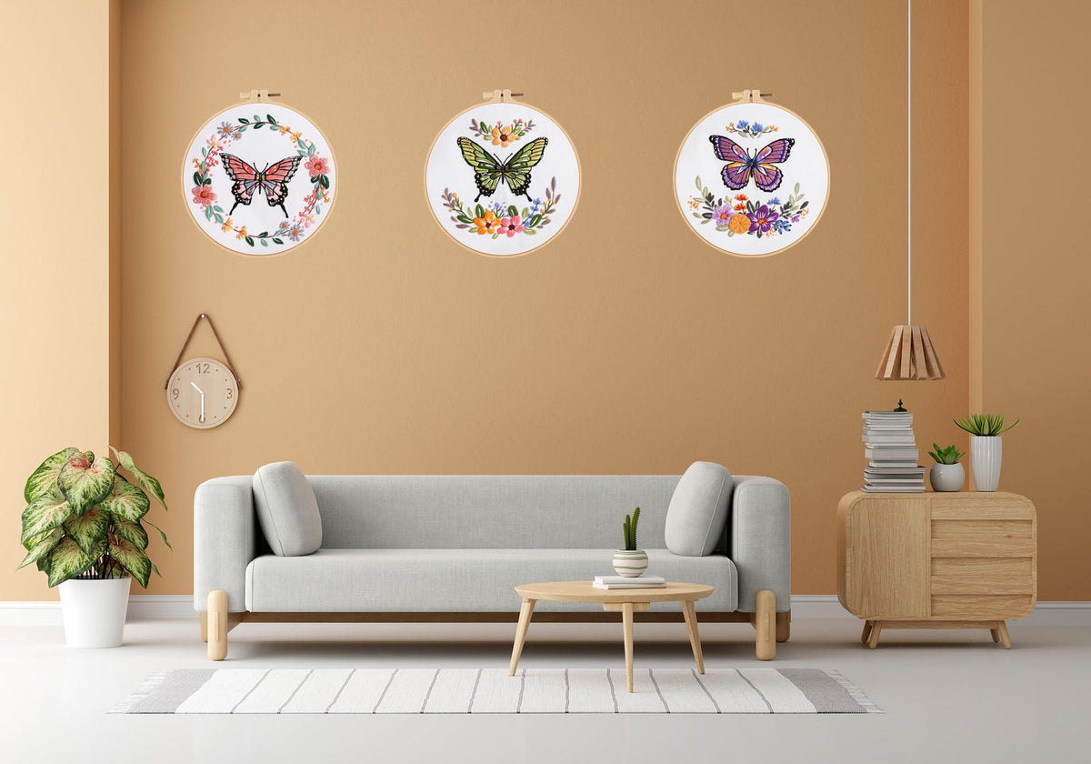 Mozzyyee 3 Sets Embroidery Starter Kit for Beginners Adults Include 3 Embroidery Clothes with Instructions Hoops Floss Thread Fabric Needles (Butterfly)