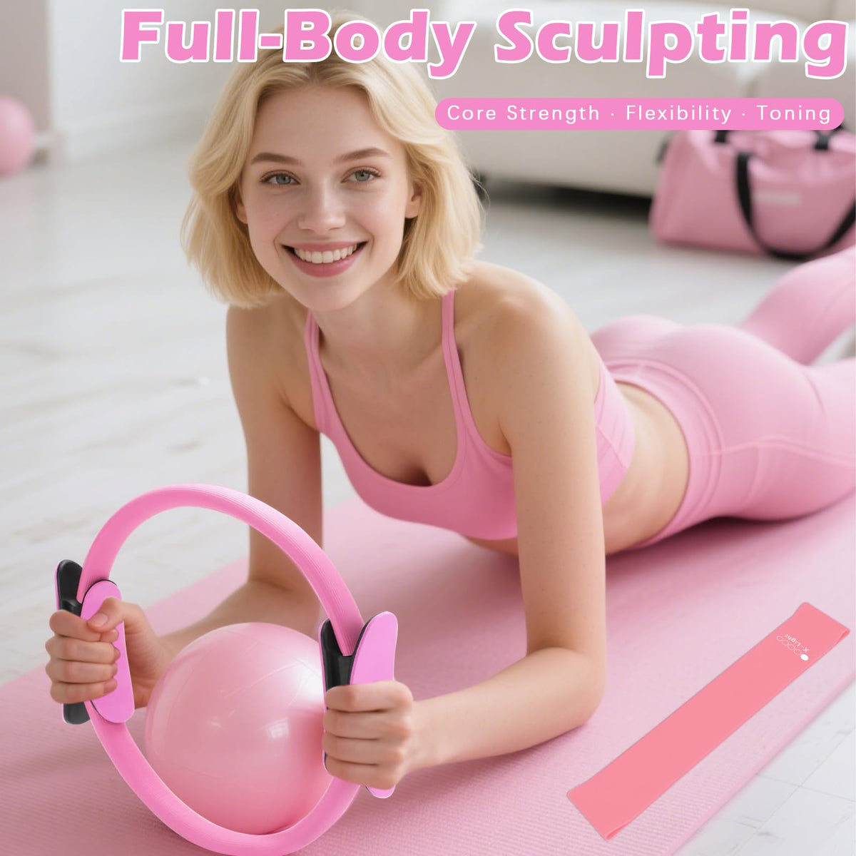 VIOXIA Pilates Kit for Home Workouts – Pilates Equipment Set with Ring, Ball, Resistance Bands, Pilates Accessories, Pilates Essentials Kit for Women, Pilates Sets for Home Exercise（Pink）
