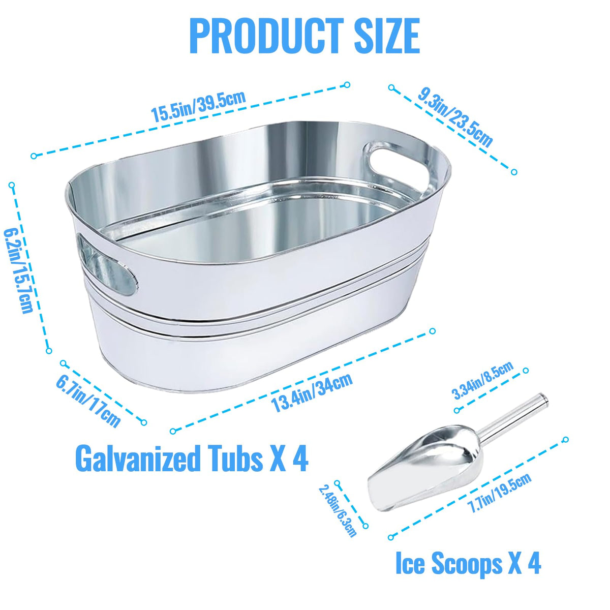 4Pcs 4 Gallon Galvanized Ice Bucket Large Galvanized Tub with Scoops Ice Bucket for Parties Mimosa Bar Supplies with Carry Handles Metal Beverage Tub for Champagne Cocktails Beer Drink Wine