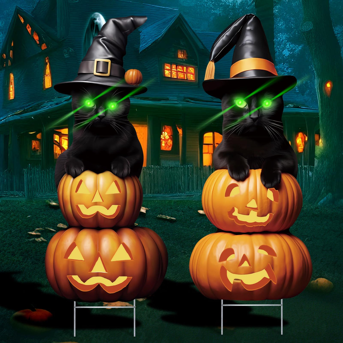 2Pcs 4.0FT Black Cat Halloween Decorations - Plastic Yard Signs With Stakes, Spooky Pumpkin Outdoor Decor, Scary Silhouette With Glow in Dark Eyes for Yard, Lawn, Garden