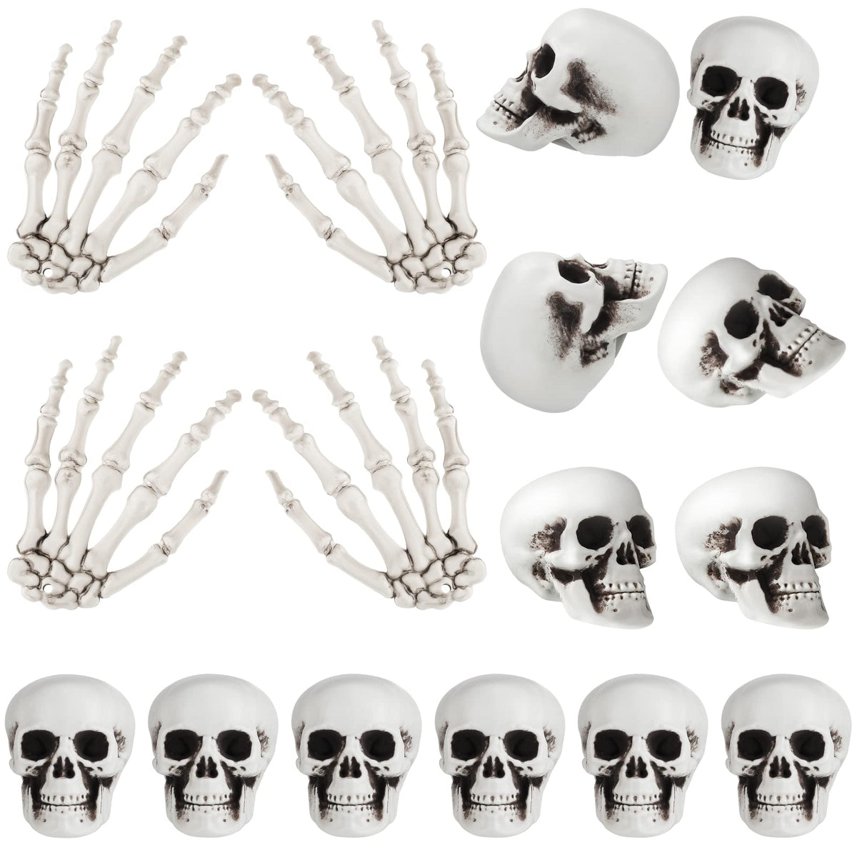 Ferraycle 16 Pieces Halloween Decoration Set Includes 10 Mini Skull Heads and 4 Skeleton Hands Realistic Looking Skulls Plastic Fake Craft Human Hands for Halloween Party Decor Props