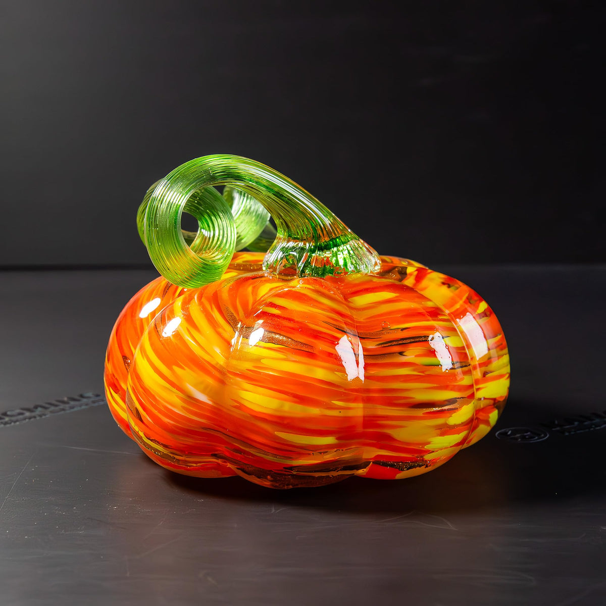 kangming Hand-Blown Glass Pumpkin, Rustic Amber Stripe Art Glass Harvest Decor, Autumn Figurine Sculpture for Halloween & Thanksgiving Table Centerpiece (Rustic Amber Stripe)