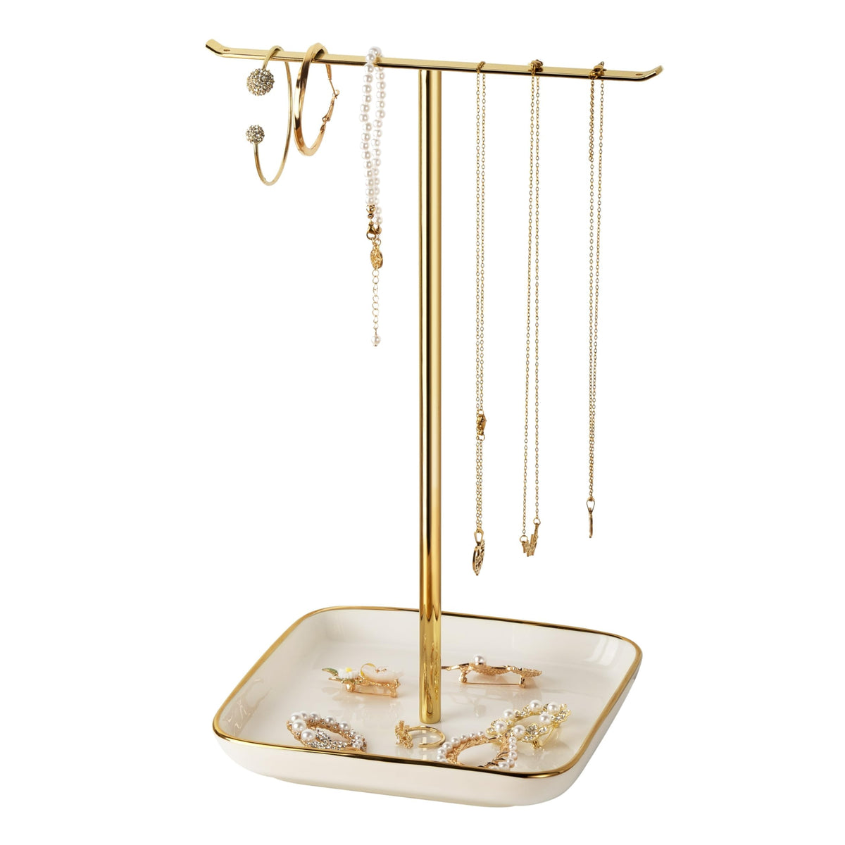 pickpiff Necklace Holder Stand with Ceramic Base: 12" Jewelry Tree Display Organizer for Necklaces, Bracelets, Rings, Earrings, Tall Gold Stand for Women, Aesthetic Room Décor, Gold and White