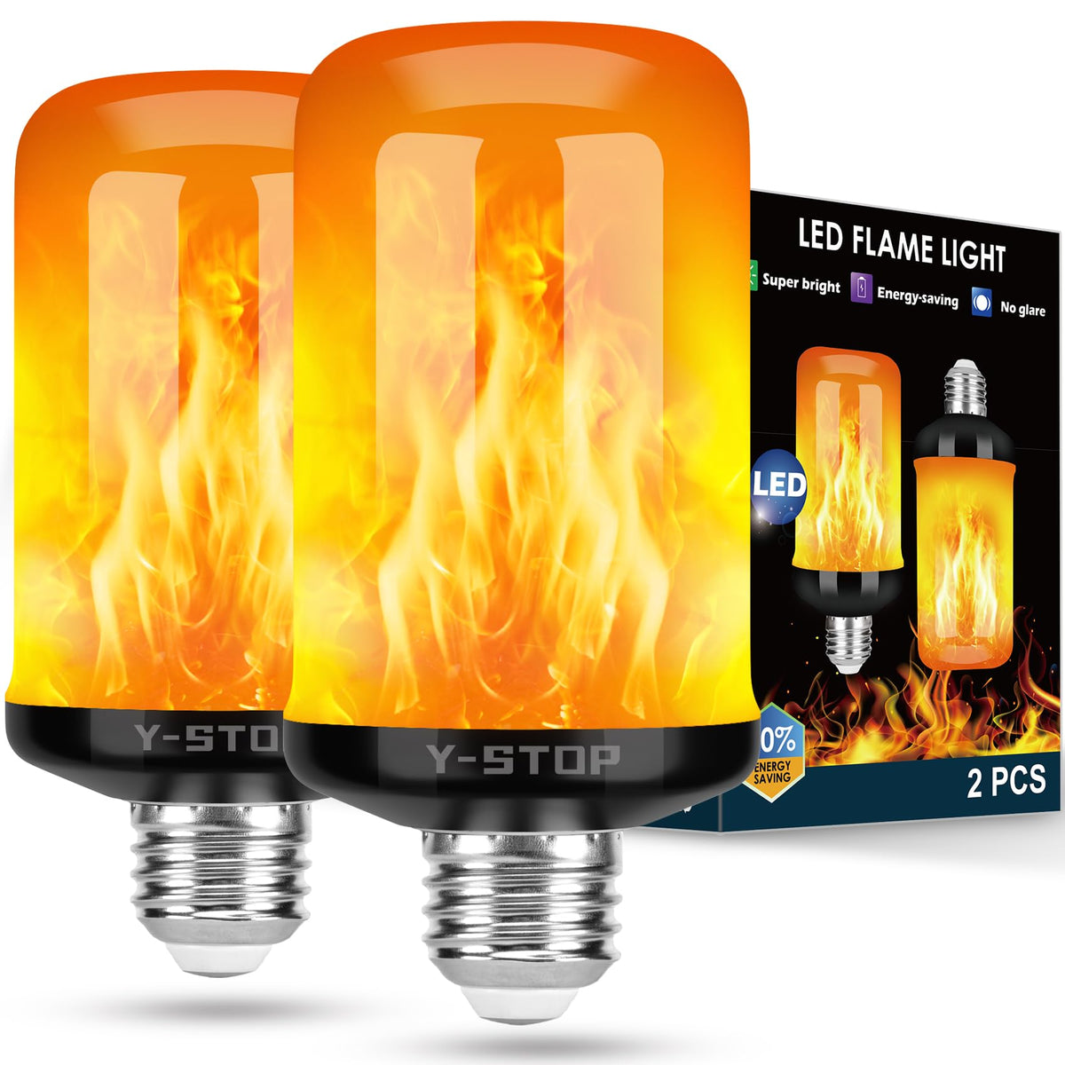 Y- STOP Upgraded LED Flame Light Bulbs, 4 Modes Flickering Light Bulb Outdoor with Upside Down Effect, E26 Base Flame Bulb for Christmas Decorations Outdoor, Halloween Lights, Party Decor (2 Pack)