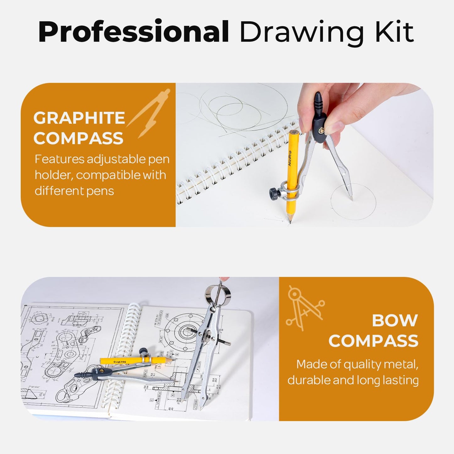 Nicpro 22 PCS Compass Geometry Tools with Case, Drafting Tools Geometry Set with Swing Arm Protractor, Rulers, Metal Compass, Square Set, Mechanical Pencil, Back to School Supplies for Students