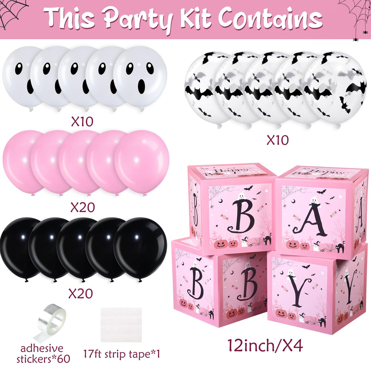 Hiboom 74 Pcs Halloween Balloon Boxes Baby Shower Decorations Pink and Black Halloween Baby Blocks Latex Balloons Garland Arch Kit for Baby Girls Happy Boo Day Birthday Party Supplies Photography Prop
