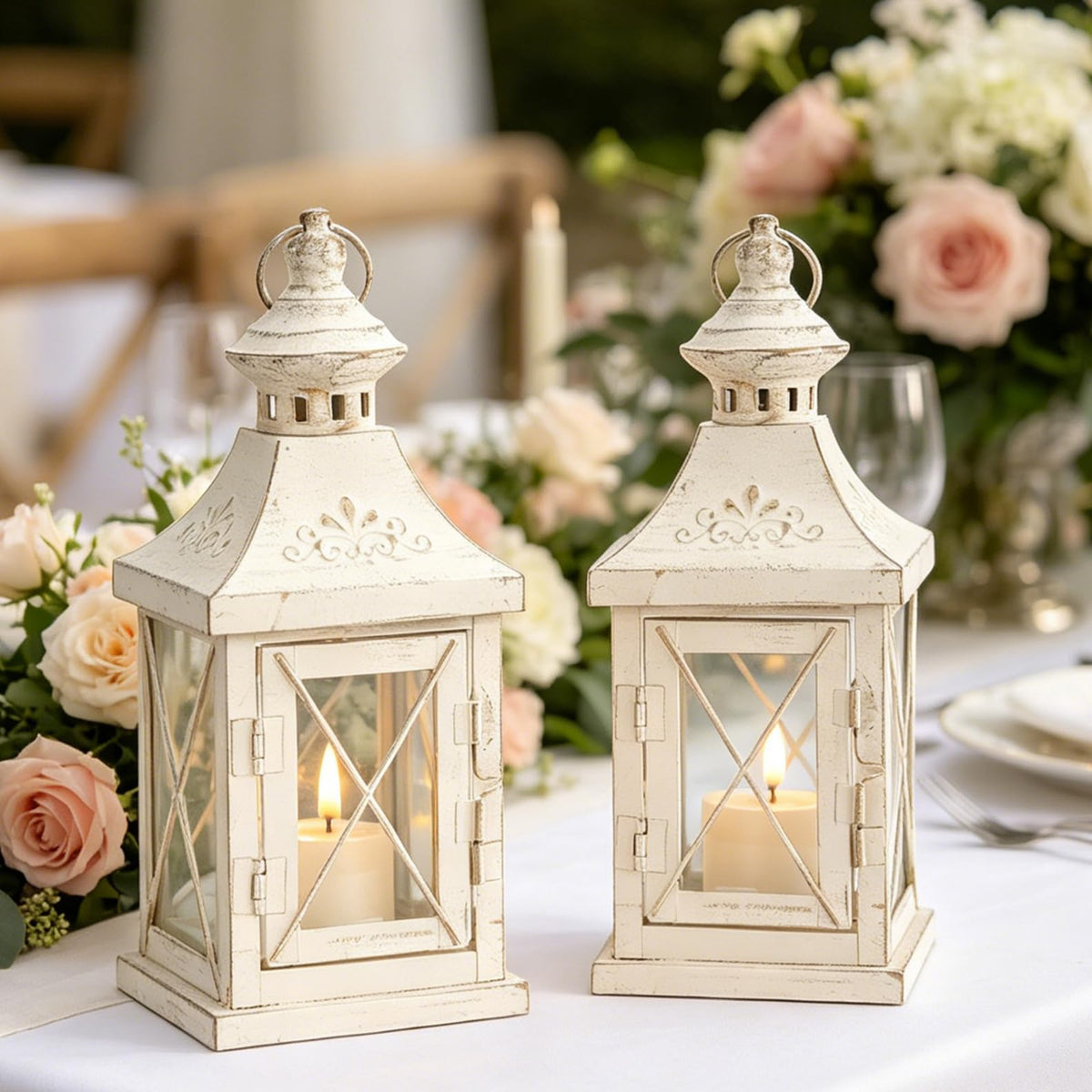 TRIROCKS Set of 2 Decorative Candle Lantern 11'' High Metal Candle Holder Hanging Lantern Perfect for Home Decor Halloween Living Room Parties Events Tabletop Indoors Outdoors (White with Gold Brush)